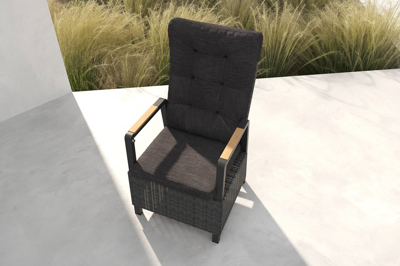 OUTFLEXX Nova Poltrona da pranzo, antracite/grigio, Alluminio/Polyrattan, 58 x 68 x 108 cm, angolazioni regolabile, con braccioli in legno di teak, prodotto certificato FSC®