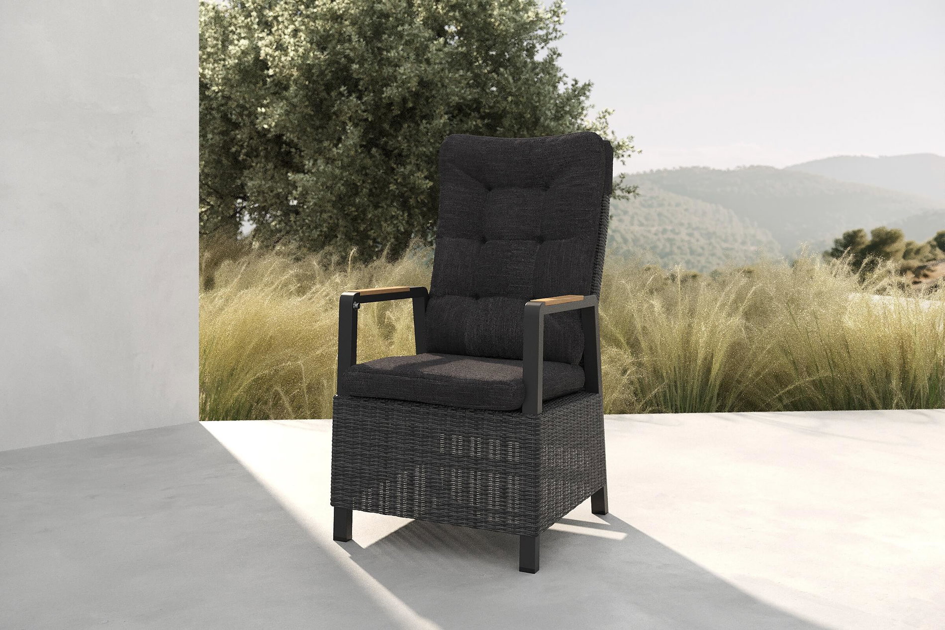 OUTFLEXX Nova Poltrona da pranzo, antracite/grigio, Alluminio/Polyrattan, 58 x 68 x 108 cm, angolazioni regolabile, con braccioli in legno di teak, prodotto certificato FSC®