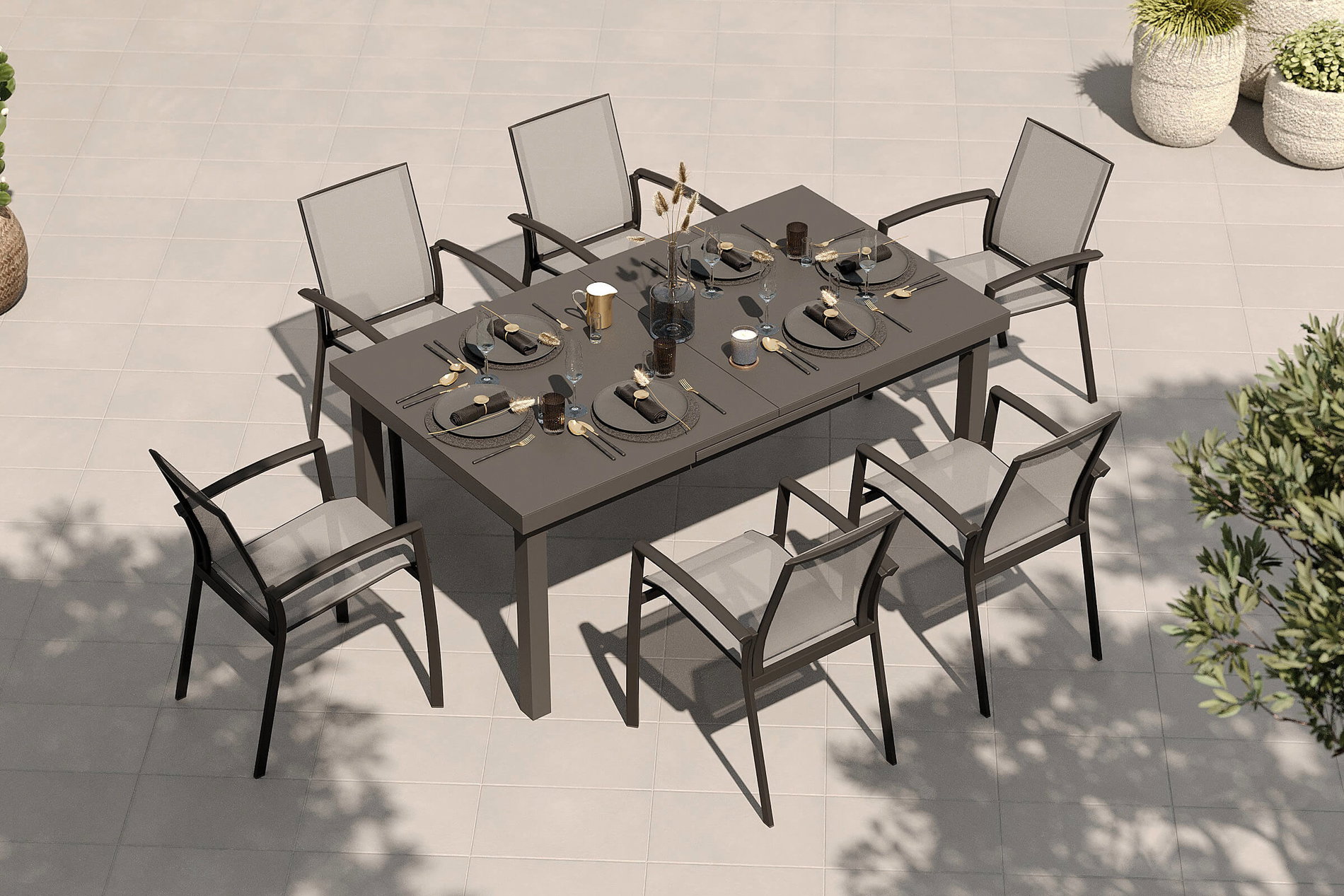 SIENA GARDEN Set da pranzo da giardino, antracite/grigio, alluminio/tessuto Ranotex, tavolo allungabile 180/240 x 100 cm, incl. 6 poltrone impilabili SIENA GARDEN Set da pranzo da giardino, antracite/grigio, alluminio/tessuto Ranotex, tavolo allungabile 180/240 x 100 cm, incl. 6 poltrone impilabili