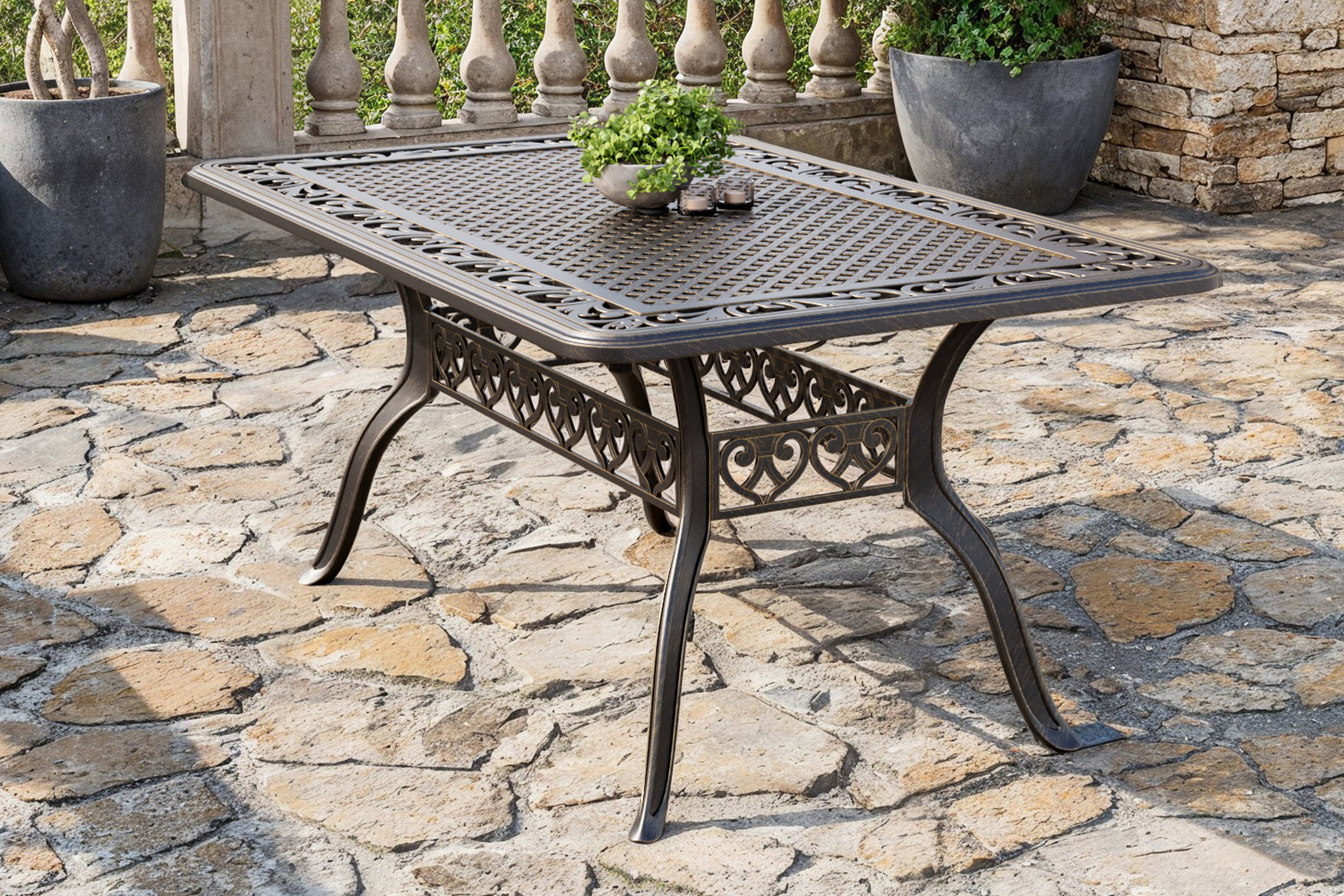 OUTFLEXX Cambridge Tavolo da pranzo, bronzo/nero, alluminio pressofuso, 150 x 90 x 70 cm, piedini regolabili in altezza, resistente alle intemperie