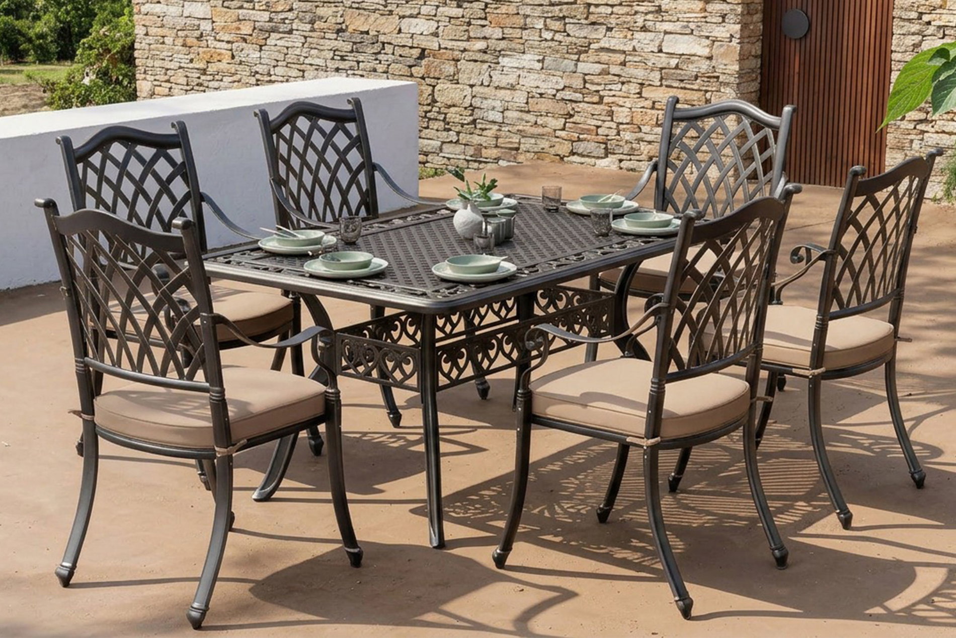 OUTFLEXX Cambridge Garten-Essgruppe mit 6 Stühlen, bronze/khaki/schwarz, Gussaluminium/Polyester, Tisch ca. 150 x 90 cm