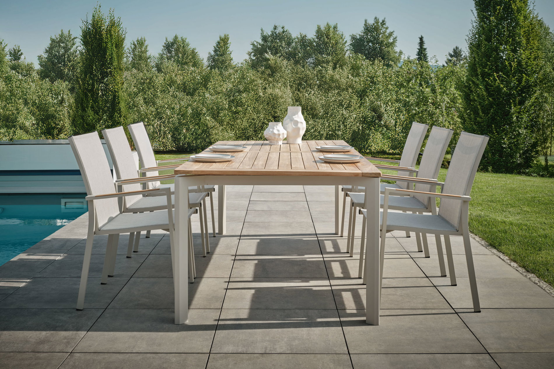 Stern NEW LEVANTO/PENTA Set da pranzo da giardino, greige/Sesamo, Alluminio/Tessuto/Teak, tavolo 220 x 100 cm, 6 sedie impilabili