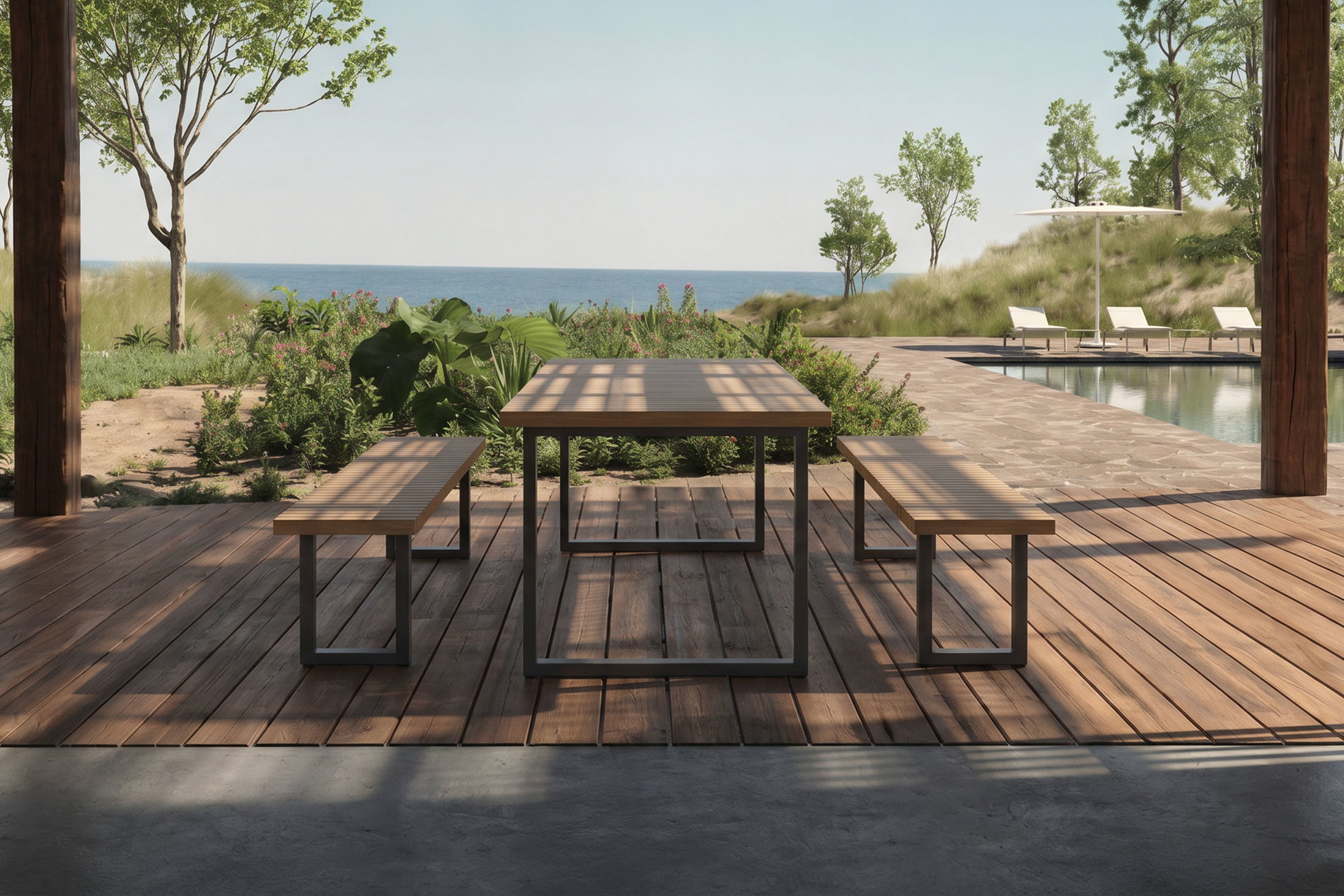 OUTFLEXX Oslo Set da pranzo da giardino, 6 Persone, 2 Panche, 210x90cm, Alluminio/Teak, Certificato FSC® OUTFLEXX Oslo Set da pranzo da giardino, 6 Persone, 2 Panche, 210x90cm, Alluminio/Teak, Certificato FSC®