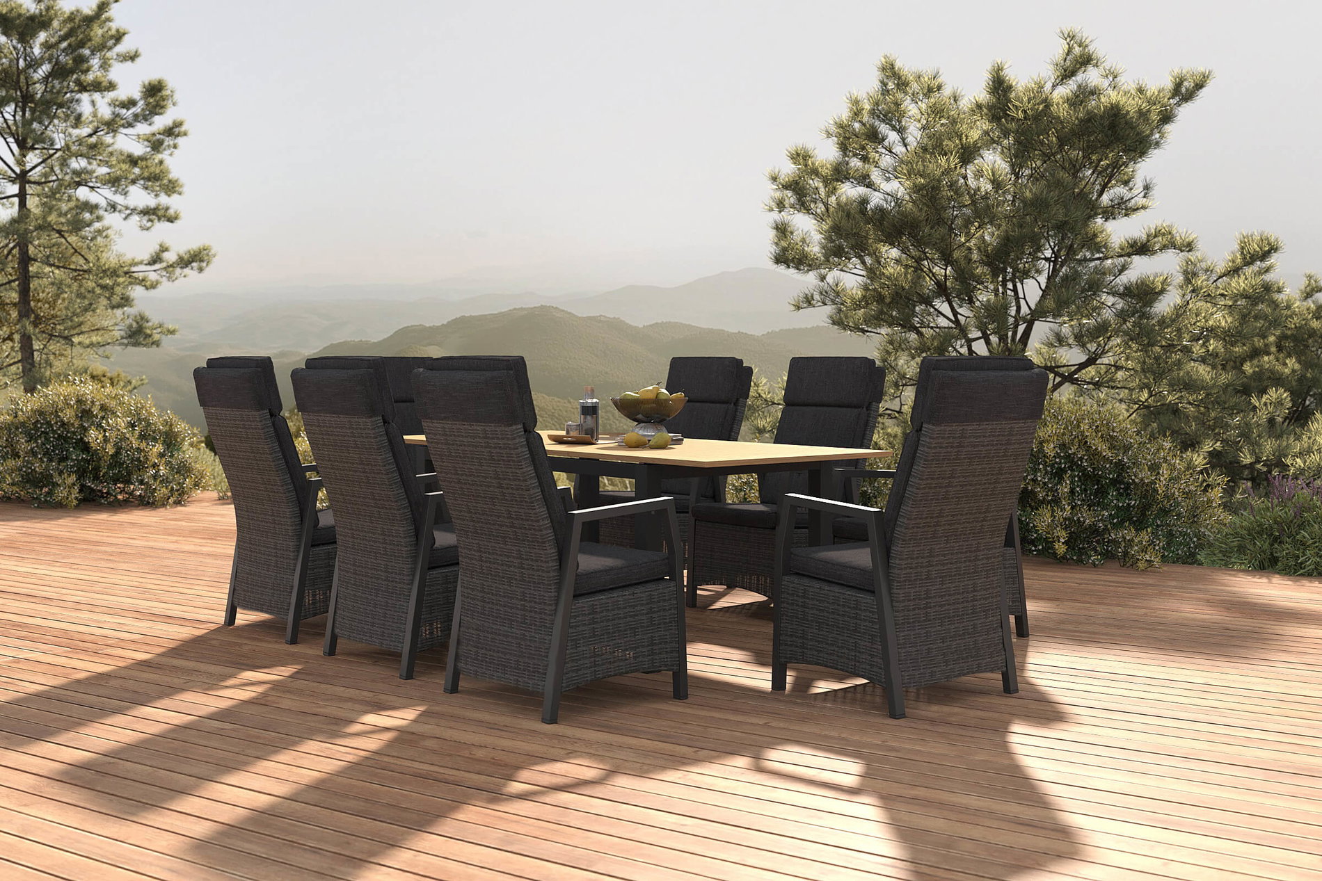 HARTMAN Nova Garten-Essgruppe mit 8 Sesseln, anthrazit/grau, Alu/Teak/Polyrattan, 150/210 x 90 cm, ausziehbarer Tisch, verstellbare Rückenlehne