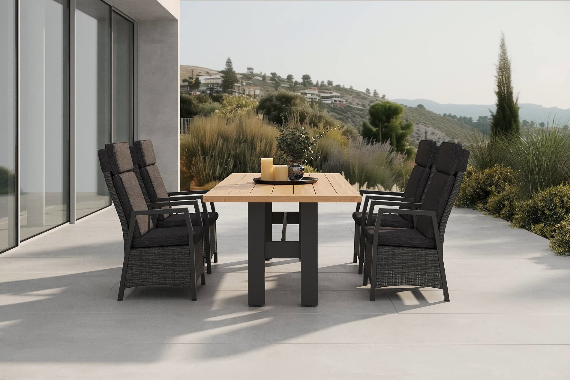 Hartman Nova Set da pranzo da giardino con 4 poltrone, antracite/grigio, alluminio/polyrattan/teak, 240 x 100 cm tavolo, angolazioni regolabile Hartman Nova Set da pranzo da giardino con 4 poltrone, antracite/grigio, alluminio/polyrattan/teak, 240 x 100 cm tavolo, angolazioni regolabile