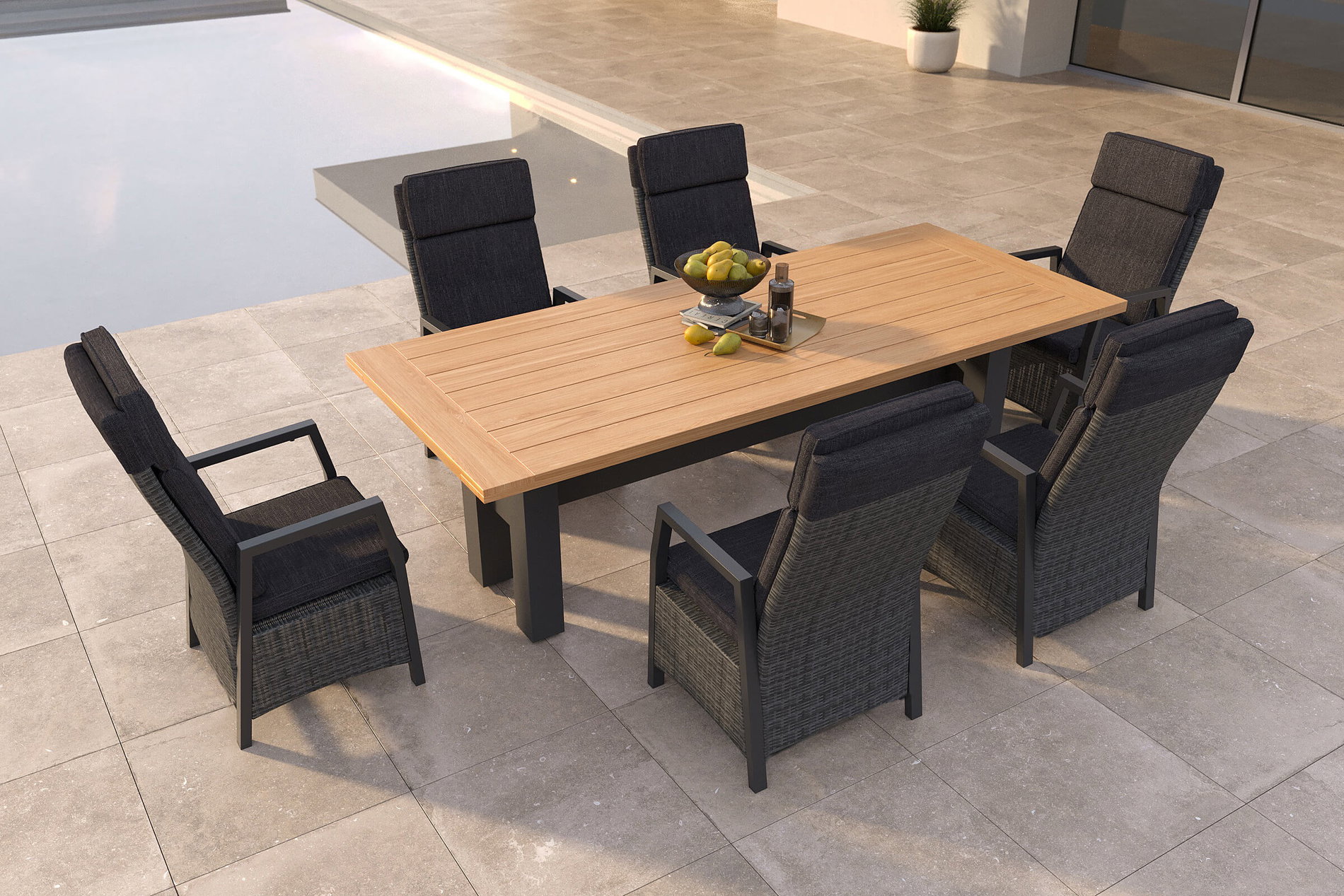 HARTMAN Nova Garten-Essgruppe mit 6 Sesseln, anthrazit/grau, Alu/Polyrattan/Teak, 240 x 100 cm, verstellbare Rückenlehne