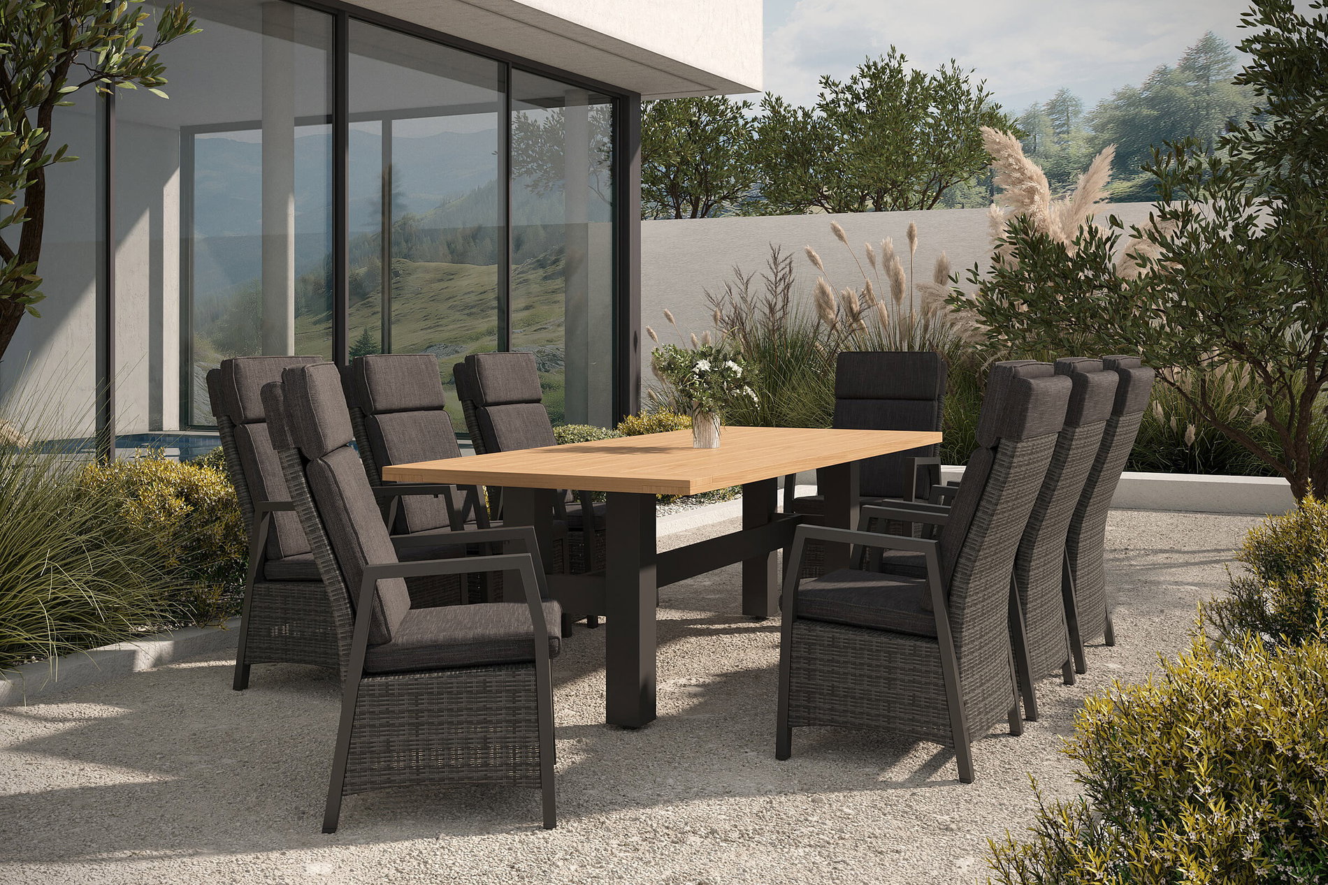 HARTMAN Nova Garten-Essgruppe mit 8 Sesseln, anthrazit/grau, Alu/Polyrattan/Teak, 240 x 100 cm, verstellbare Rückenlehne