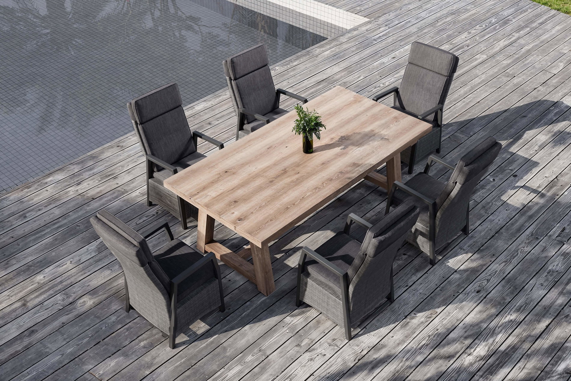 OUTFLEXX Nova Garten-Essgruppe mit 6 Sesseln, anthrazit/grau/natur, Alu/Polyrattan/Teakholz, 220 x 110 cm Tisch, verstellbare Rückenlehne