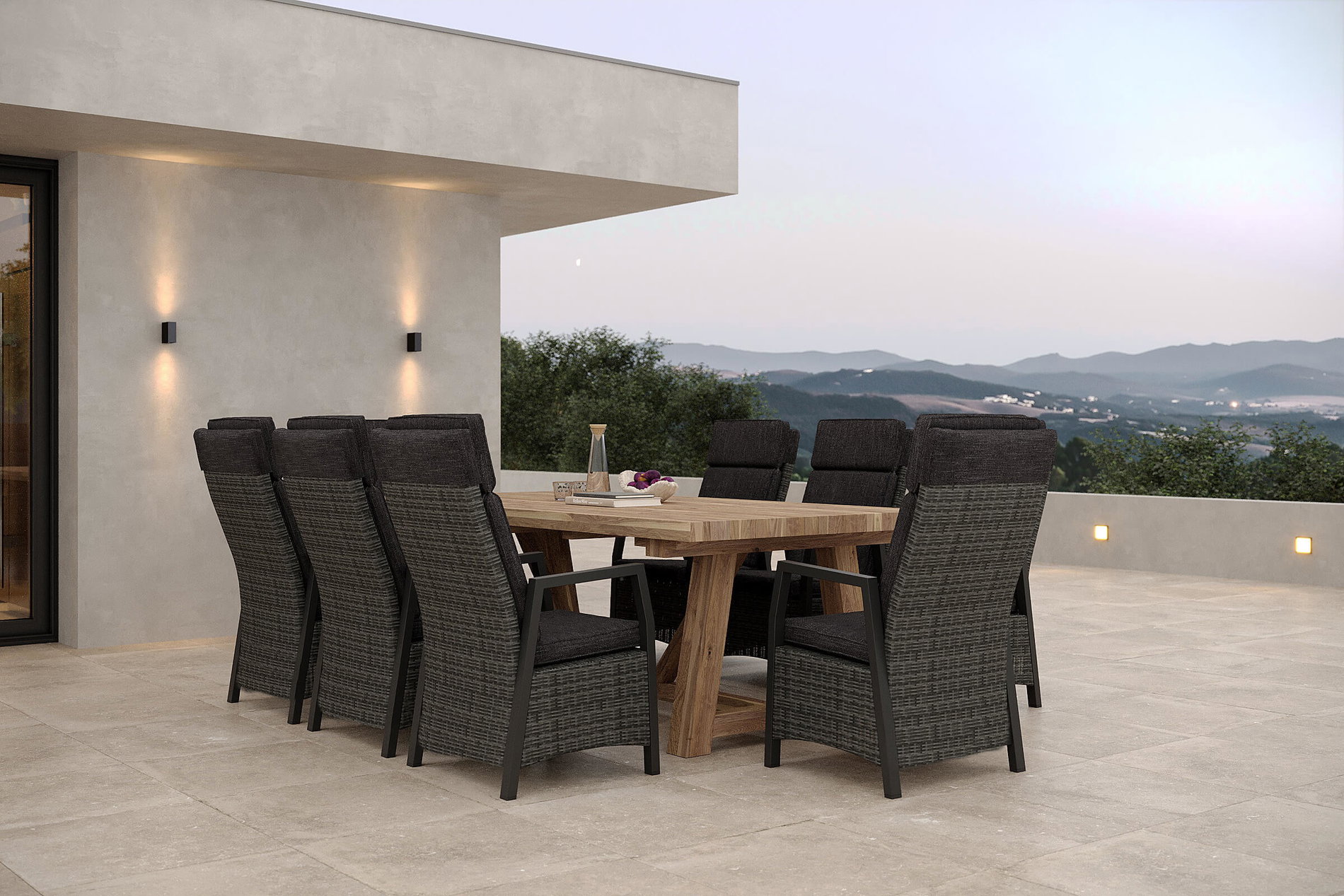 OUTFLEXX Nova Garten-Essgruppe mit 8 Sesseln, anthrazit/grau/natur, Alu/Polyrattan/Teakholz, 220 x 110 cm, verstellbare Rückenlehne