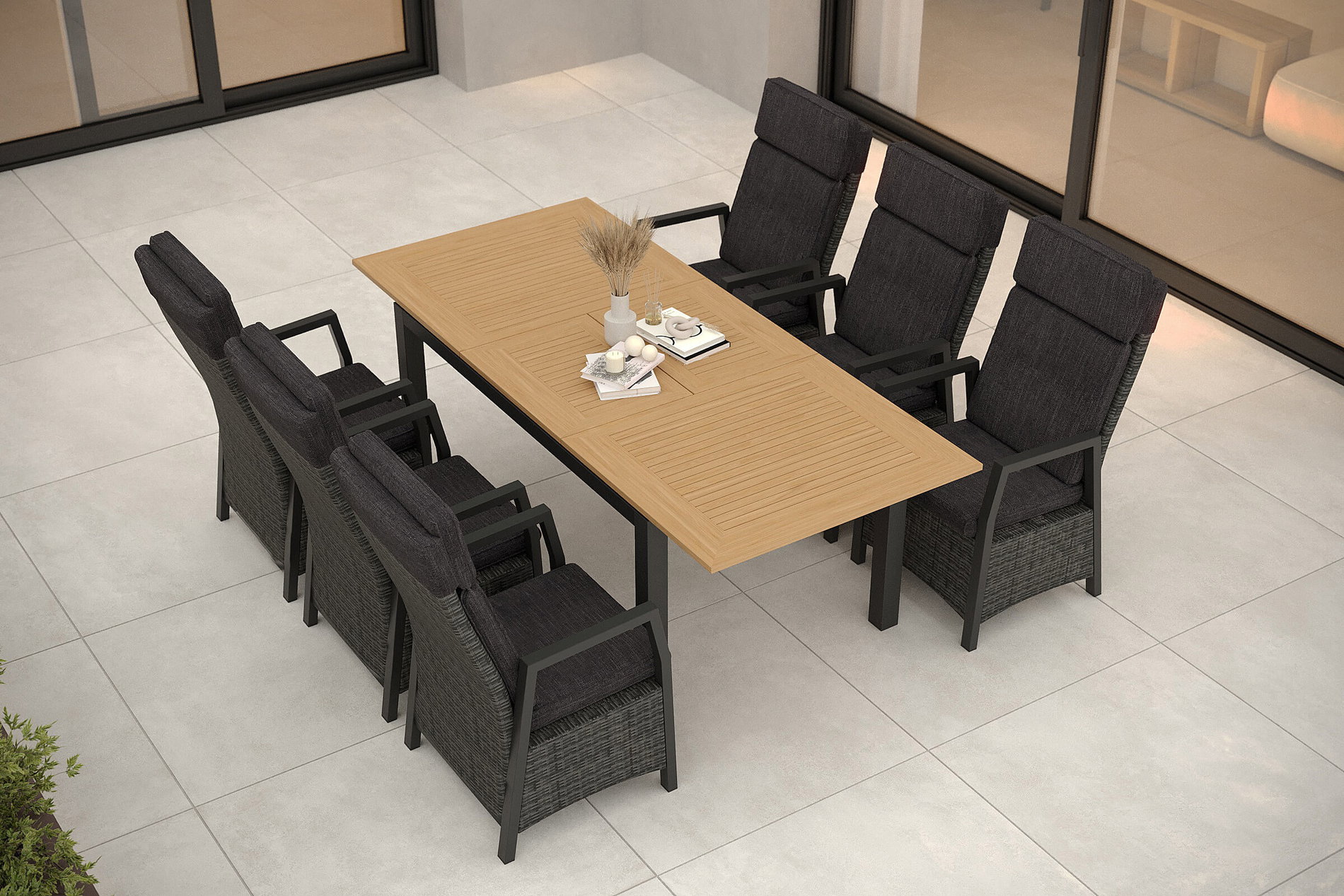 OUTFLEXX Nova Garten-Essgruppe mit 6 Sesseln, anthrazit/grau, Alu/Polyrattan/Teak, 152/210 x 89 cm, verstellbare Rückenlehne