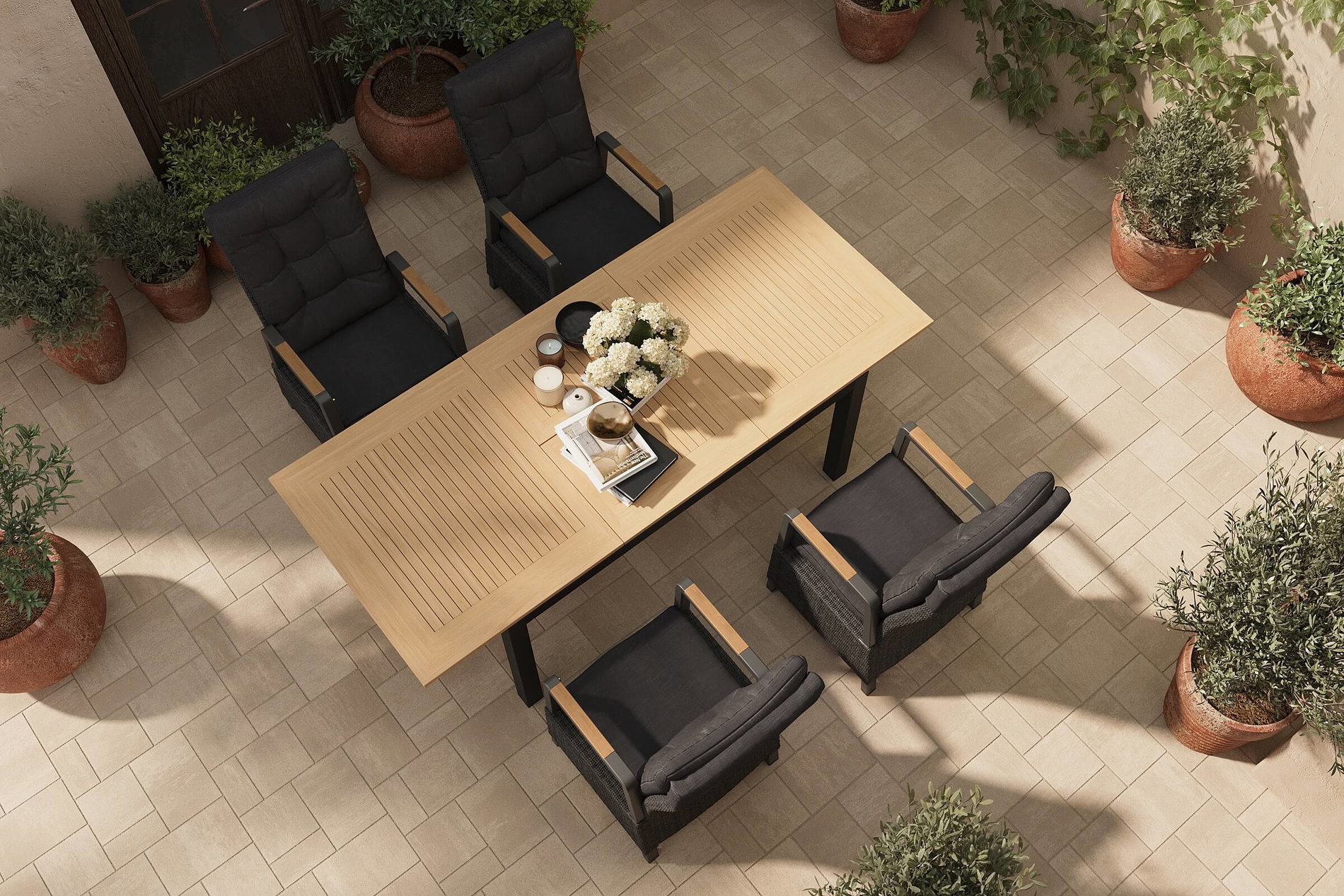 HARTMAN Nova Garten-Essgruppe mit 4 Sesseln, anthrazit/grau/natur, Alu/Polyrattan, Tisch 150/210 x 90 cm, verstellbare Rückenlehne mit Teak-Armlehnen, FSC®-zertifiziertes Produkt