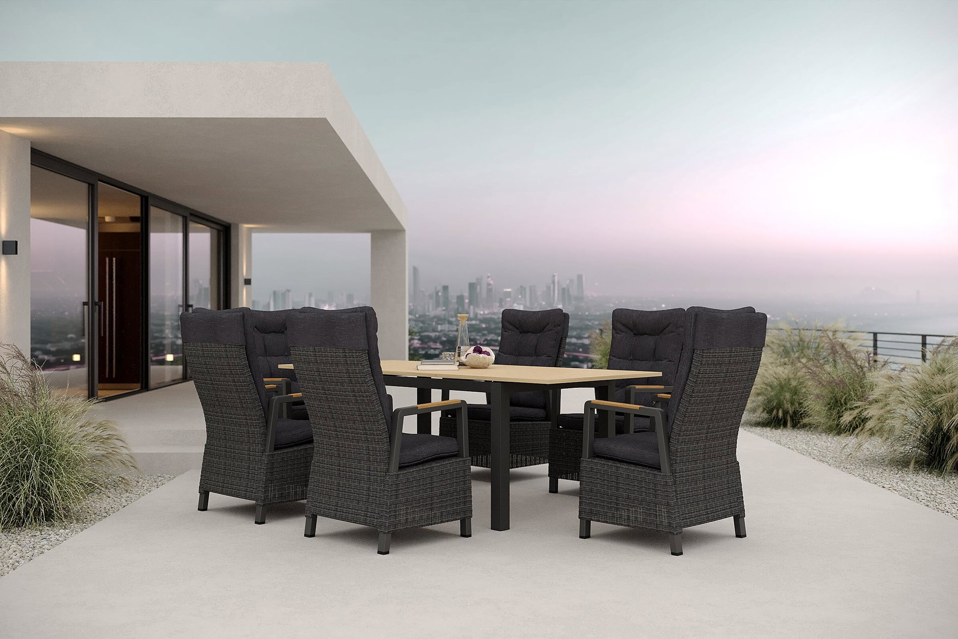 HARTMAN Nova Garten-Essgruppe mit 6 Sesseln, anthrazit/grau/natur, Alu/Polyrattan, Tisch 150/210 x 90 cm, verstellbare Rückenlehne mit Teak-Armlehnen, FSC®-zertifiziertes Produkt