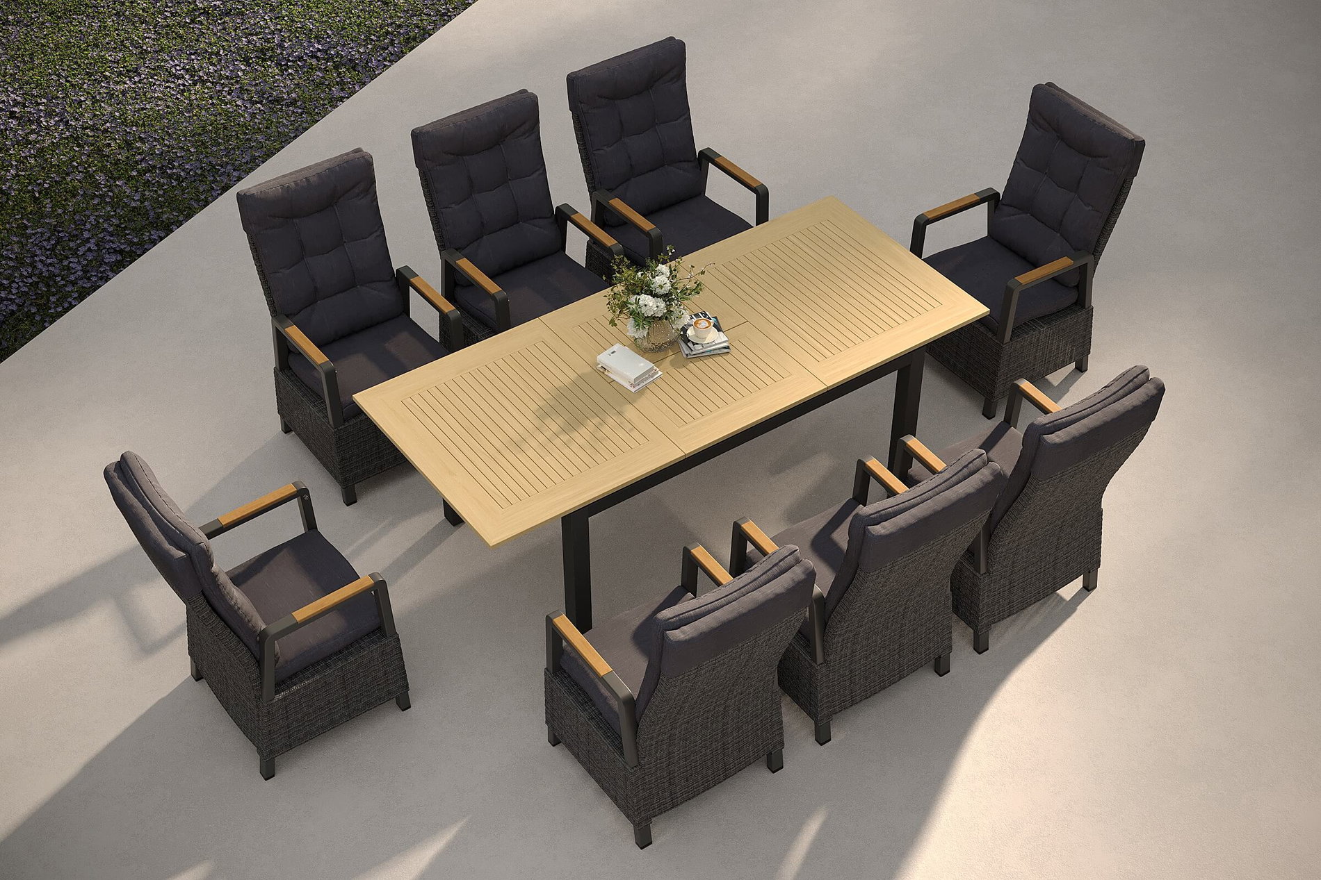 HARTMAN Nova Garten-Essgruppe mit 8 Sesseln, anthrazit/grau/natur, Alu/Polyrattan, Tisch 150/210 x 90 cm, verstellbare Rückenlehne mit Teak-Armlehnen, FSC®-zertifiziertes Produkt