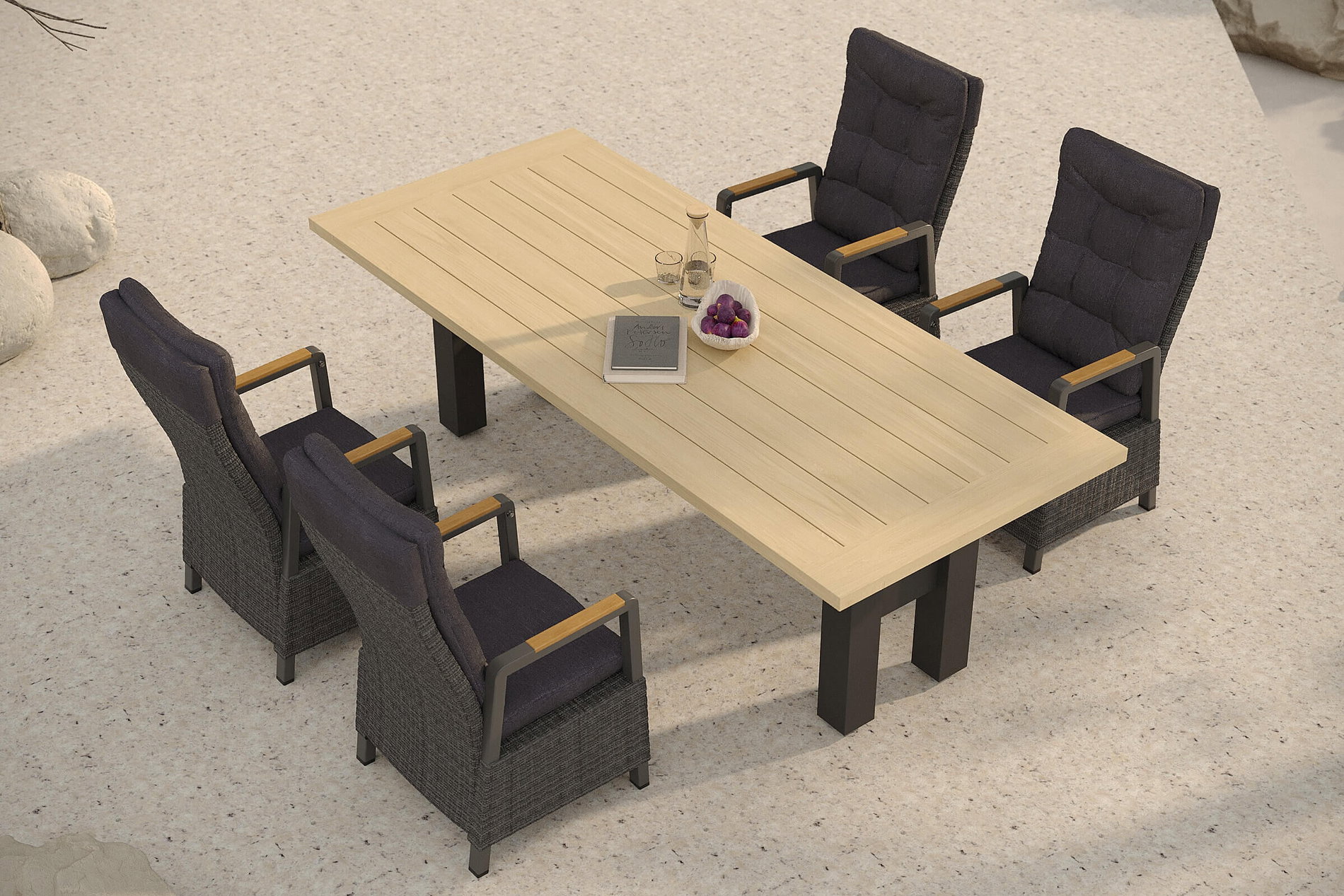 HARTMAN Nova Garten-Essgruppe mit 4 Sesseln, anthrazit/grau/natur, Alu/Polyrattan, 240 x 100 cm, verstellbare Rückenlehne mit Teak-Armlehnen, FSC®-zertifiziertes Produkt