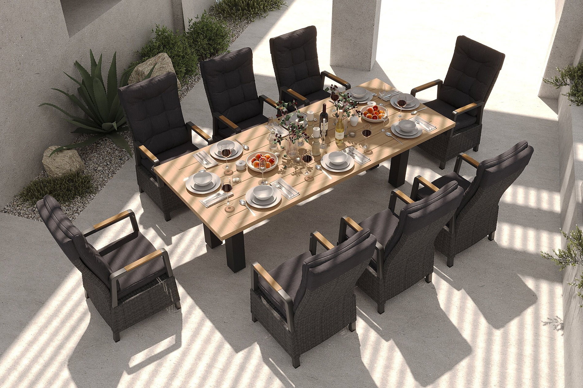 HARTMAN Nova Garten-Essgruppe mit 8 Sesseln, anthrazit/grau/natur, Alu/Polyrattan, 240 x 100 cm, verstellbare Rückenlehne mit Teak-Armlehnen, FSC®-zertifiziertes Produkt