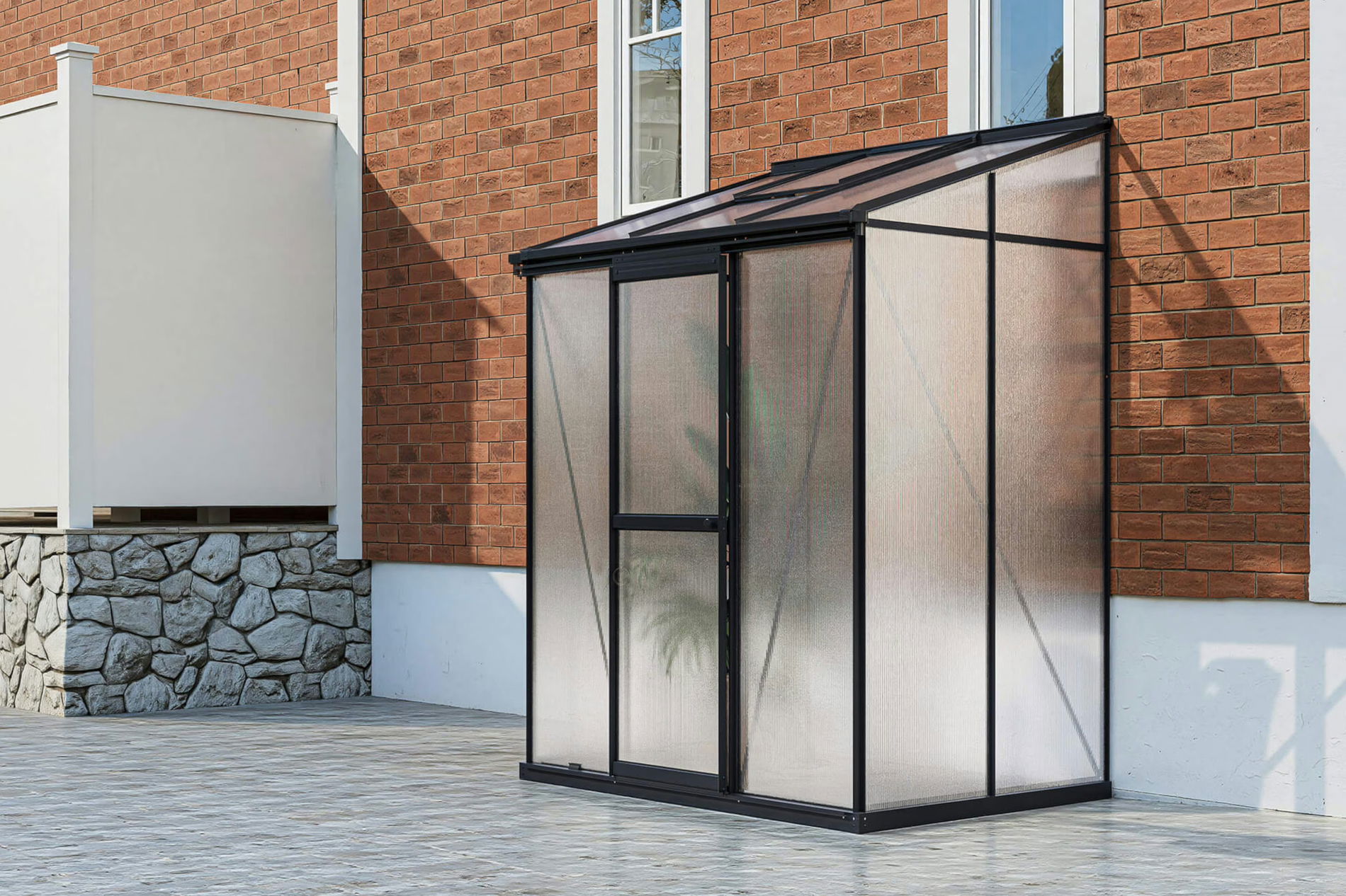 Serra addossata OUTFLEXX Verde Comfort, telaio nero, alluminio/policarbonato, 160 x 105 x 190 cm, resistente ai raggi UV, verniciato a polvere, con porta scorrevole