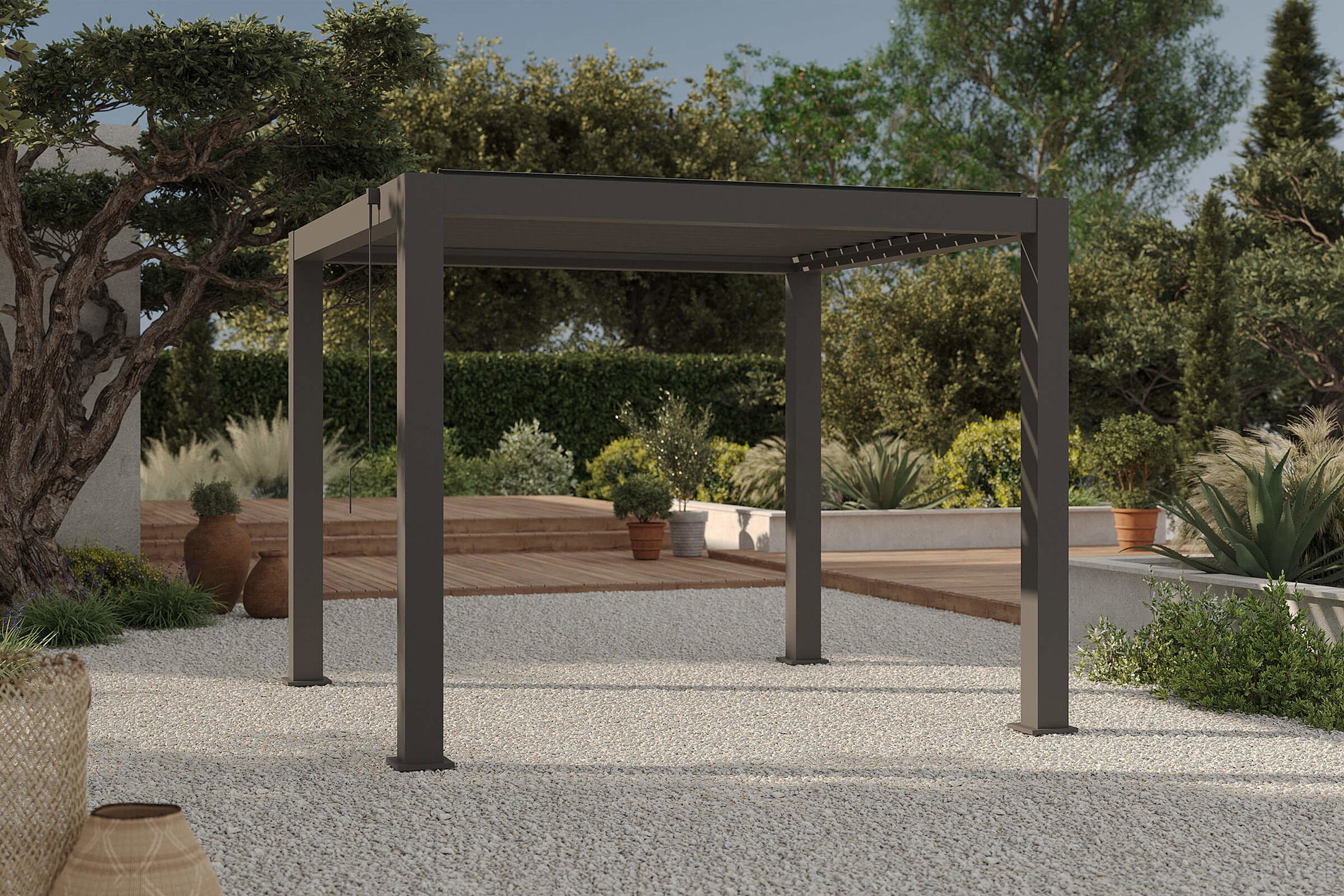 Pergola a lamelle OUTFLEXX Antalya, nero, alluminio verniciato a polvere, 3 x 3 m, resistente alle intemperie, tetto a lamelle regolabile