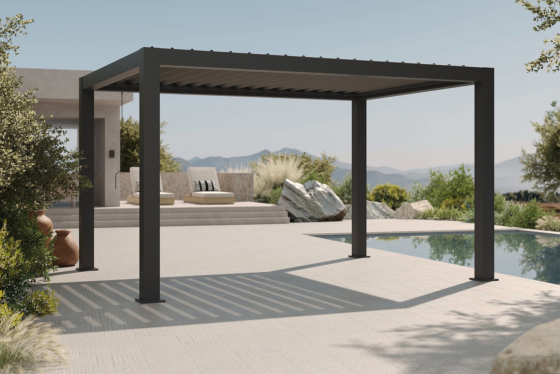 OUTFLEXX Antalya Pergola a lamelle, nera, alluminio verniciato a polvere, 3 x 4 m, resistente alle intemperie, tetto a lamelle regolabili