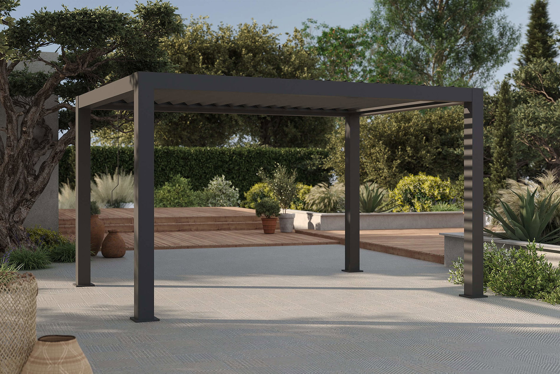 OUTFLEXX Antalya Pergola a lamelle, nera, alluminio, 4 x 4 m, verniciata a polvere, resistente alle intemperie, lamelle regolabili