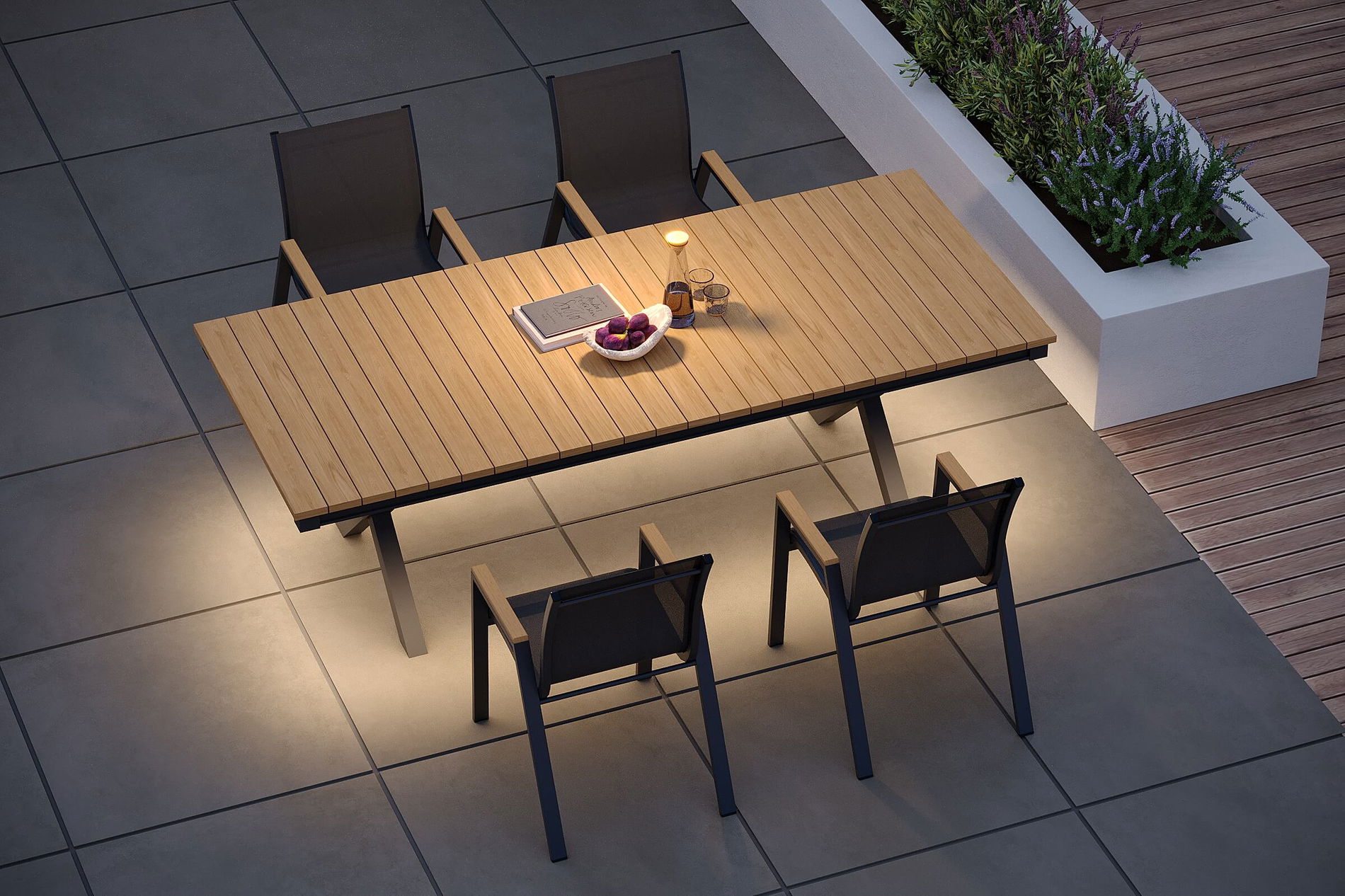 OUTFLEXX Luminara Set da pranzo da giardino con illuminazione LED, antracite opaco/naturale, alluminio/imitazione legno/textilene, tavolo 240 x 100 cm, 4 poltrone impilabili
