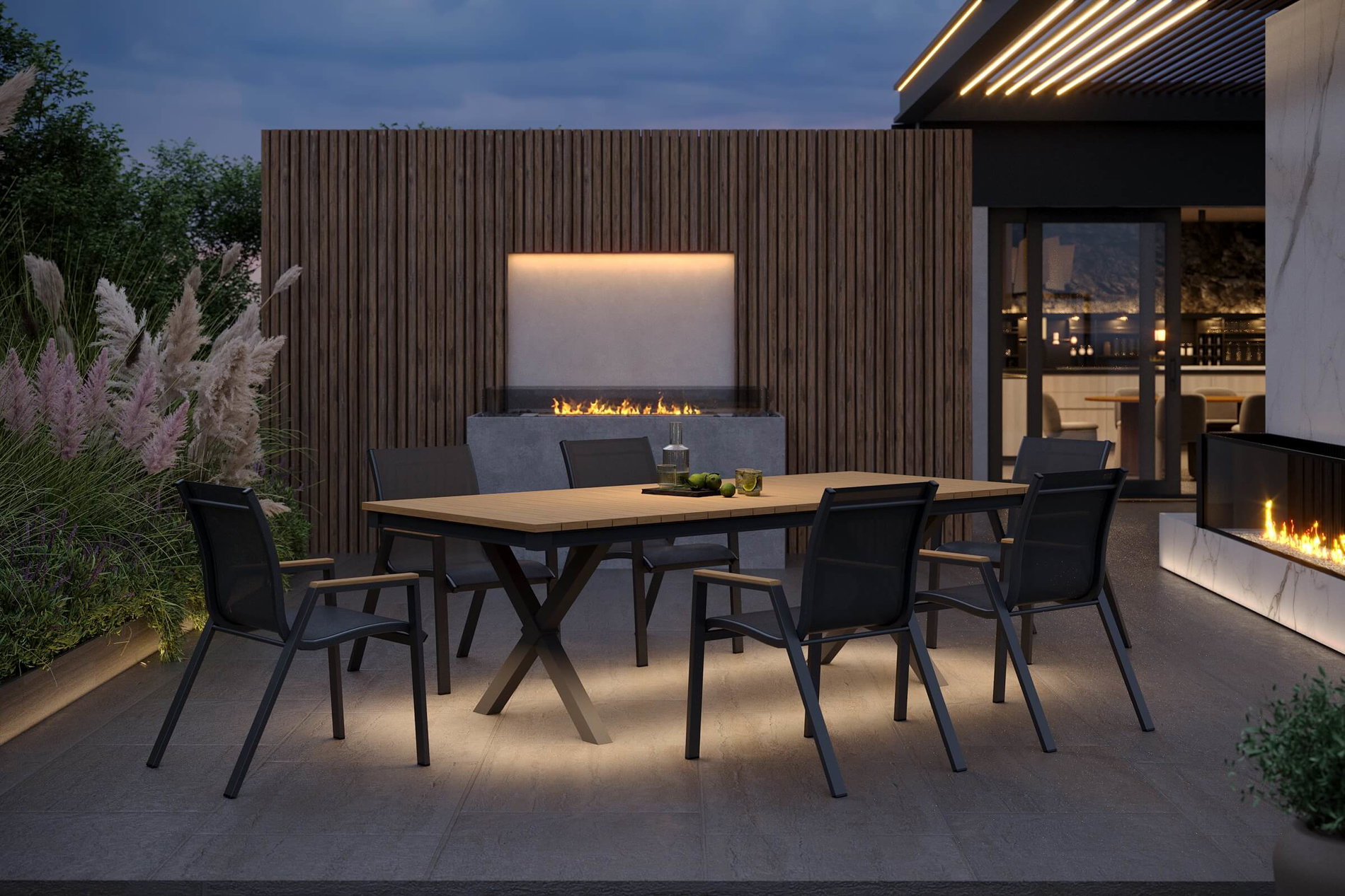 OUTFLEXX Luminara Set da pranzo da giardino con illuminazione LED, antracite opaco/naturale, alluminio/imitazione legno/textilene, Tisch 240 x 100 cm, 6 poltrone impilabili
