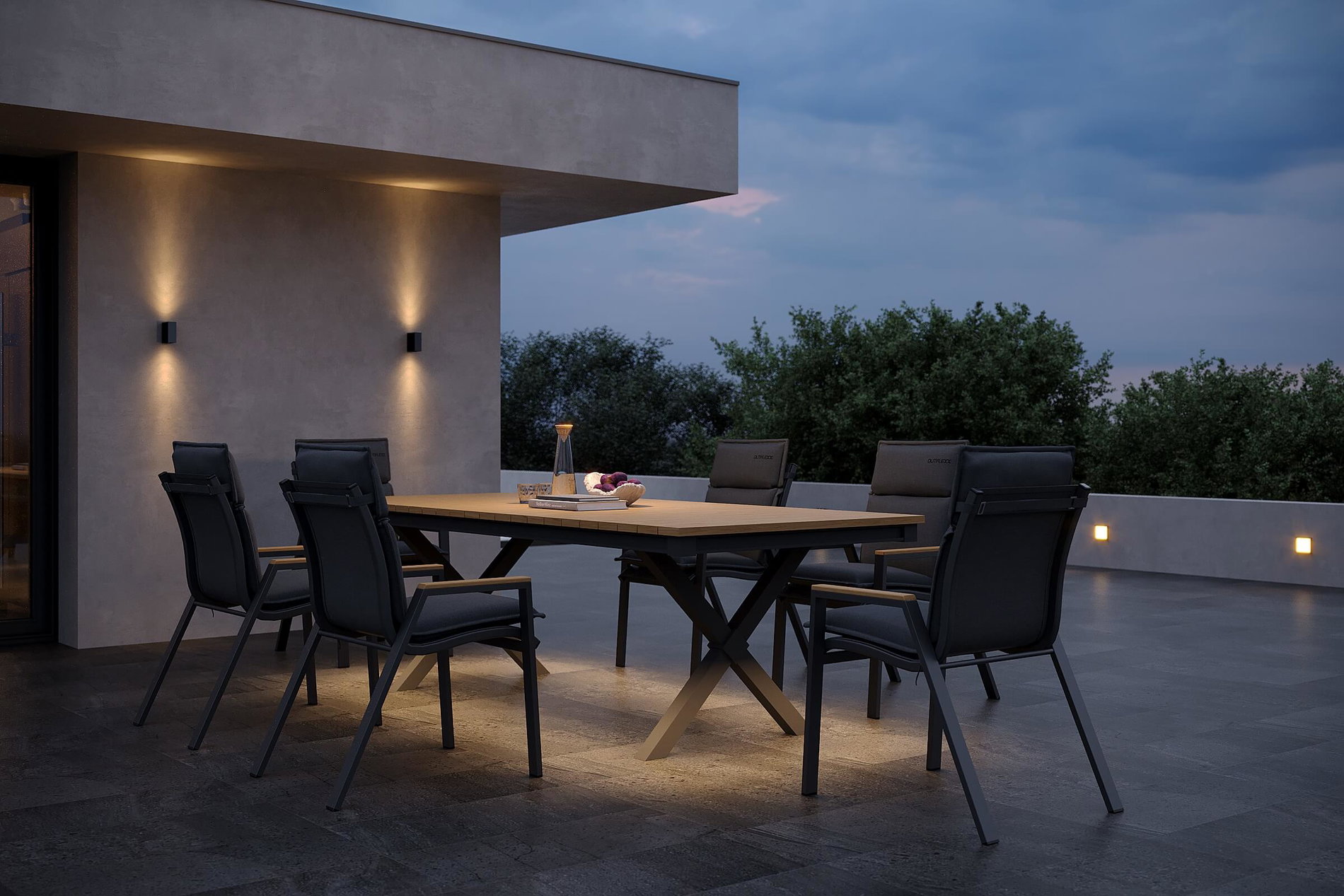 OUTFLEXX Luminara Set da pranzo da giardino con illuminazione LED, antracite opaco/naturale, alluminio/imitazione legno, 240 x 100 cm, cuscini inclusi, 6 sedie impilabili