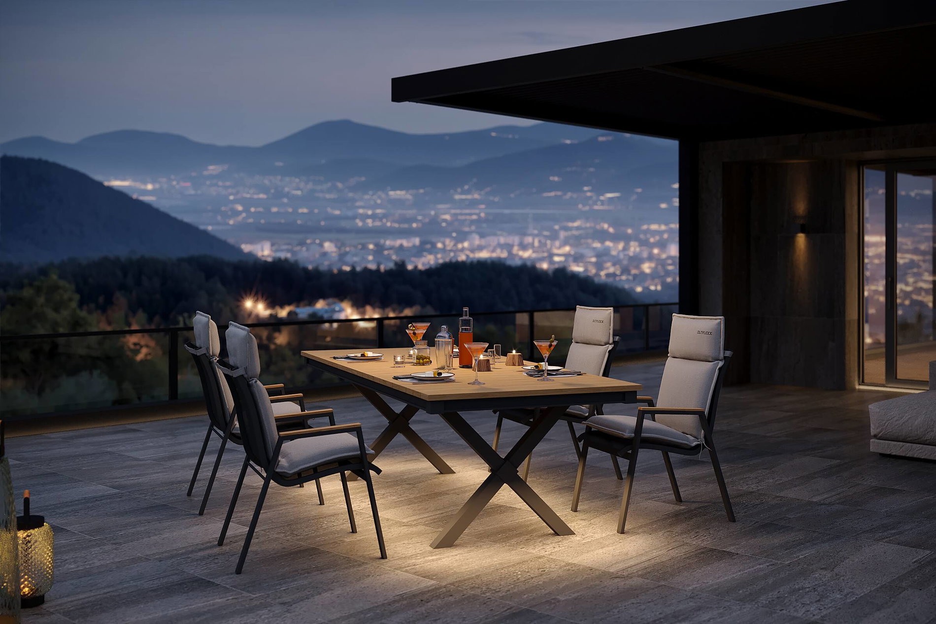 OUTFLEXX Luminara Garten-Essgruppe mit LED-Beleuchtung, anthrazit matt/natur, Alu/Holzimitat, 240 x 100 cm, 4 Stapelsessel, Auflagen inklusive