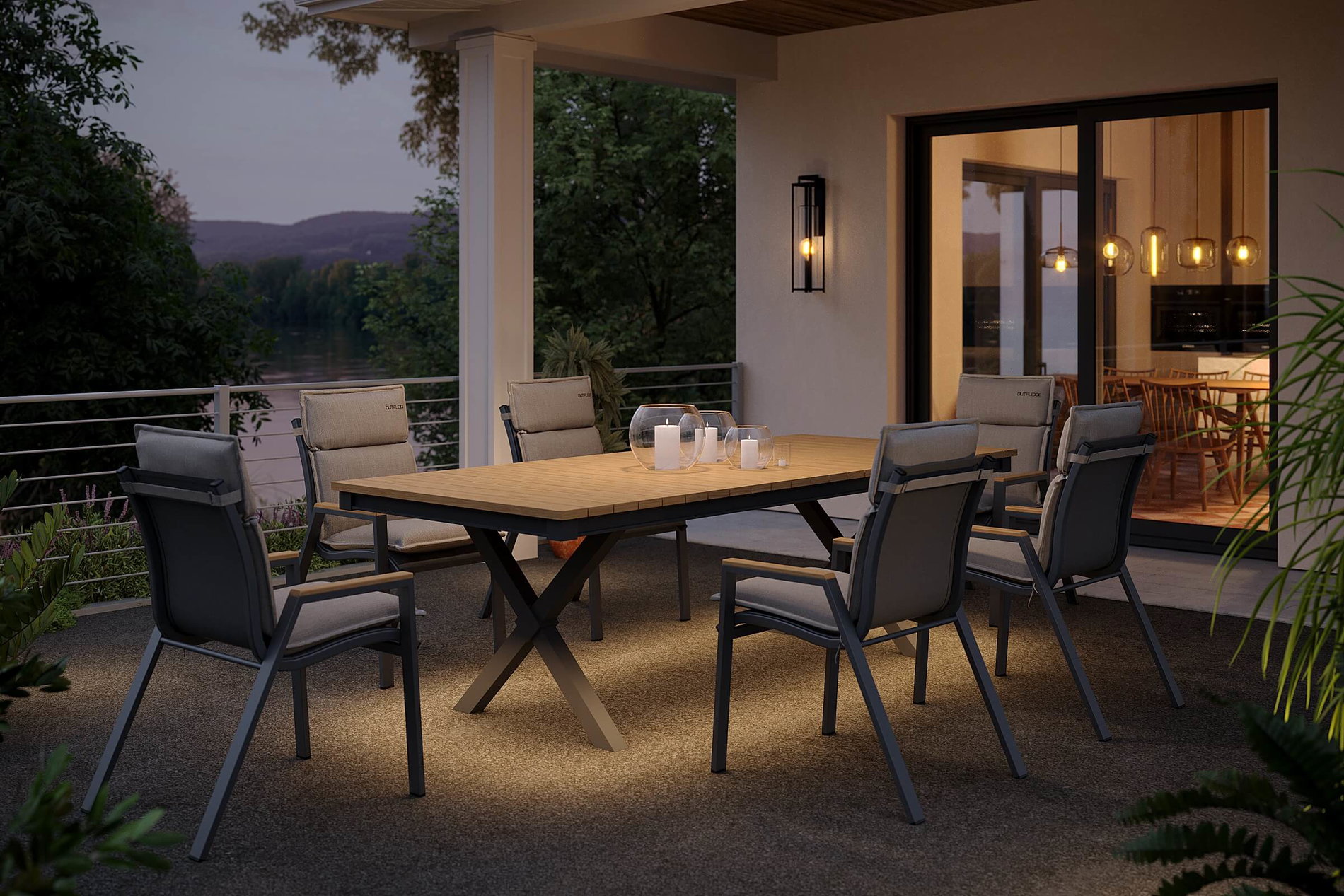 OUTFLEXX Luminara Garten-Essgruppe, anthrazit matt/natur, Holzimitat/Alu, 240 x 100 cm, 6 Stapelsessel, inkl. Auflagen, mit LED-Beleuchtung