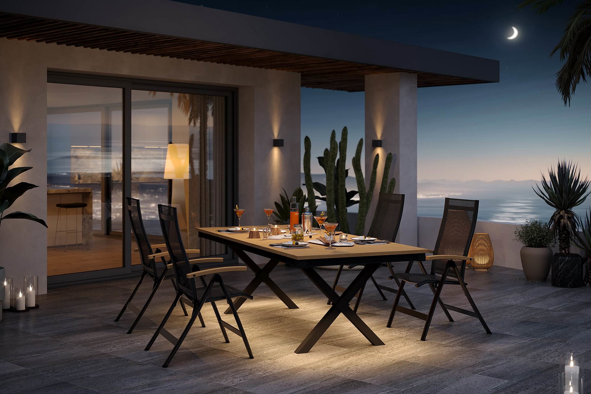 OUTFLEXX Luminara Garten-Essgruppe mit LED-Beleuchtung, anthrazit matt/natur, Aluminium/Textilen/Holzimitat, 240 x 100 cm, 4 Klappstühle
