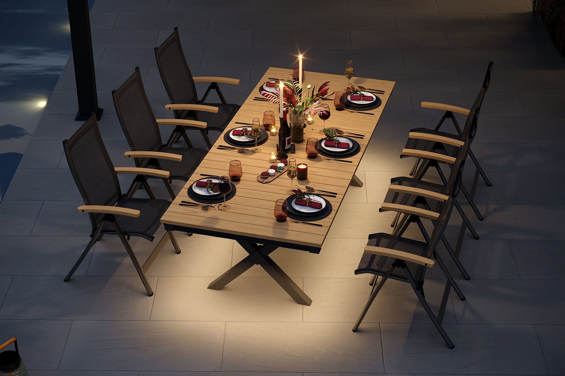OUTFLEXX Luminara Set da pranzo da giardino con illuminazione LED, antracite opaco/naturale, Alluminio/Textilene/Imitazione legno, 240 x 100 cm, 6 sedie pieghevoli