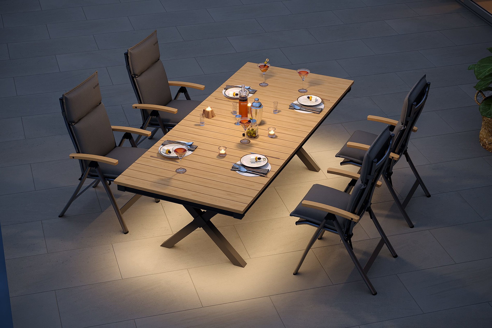 Set da pranzo da giardino OUTFLEXX Luminara con illuminazione LED, antracite opaco/naturale, alluminio/tessuto/imitazione legno, 240 x 100 cm, 4 sedie pieghevoli, cuscini inclusi