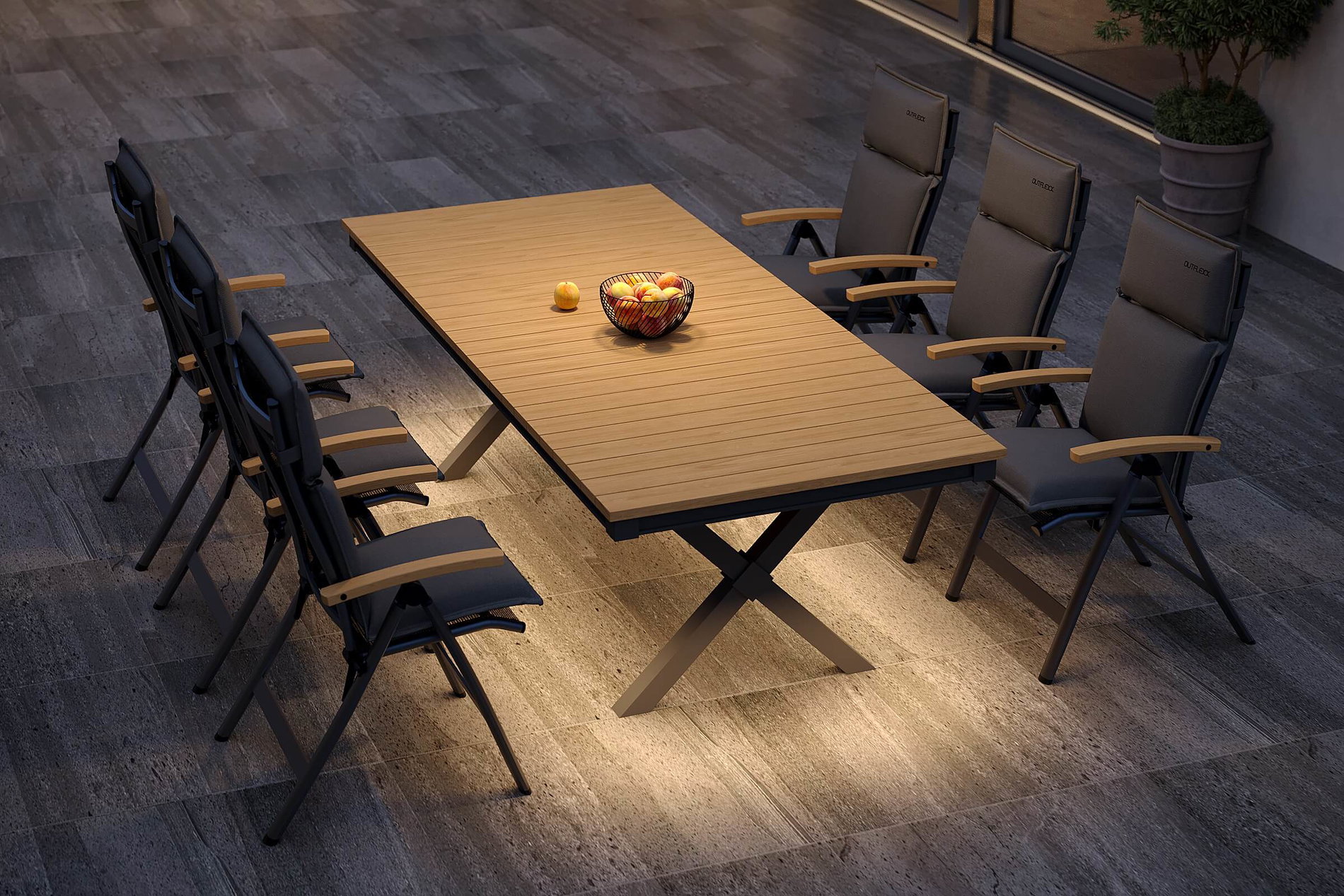 OUTFLEXX Luminara Set da pranzo da giardino con illuminazione LED, antracite opaco/naturale, Alu/Textilene, tavolo 240 x 100 cm, incl. 6 sedie pieghevoli