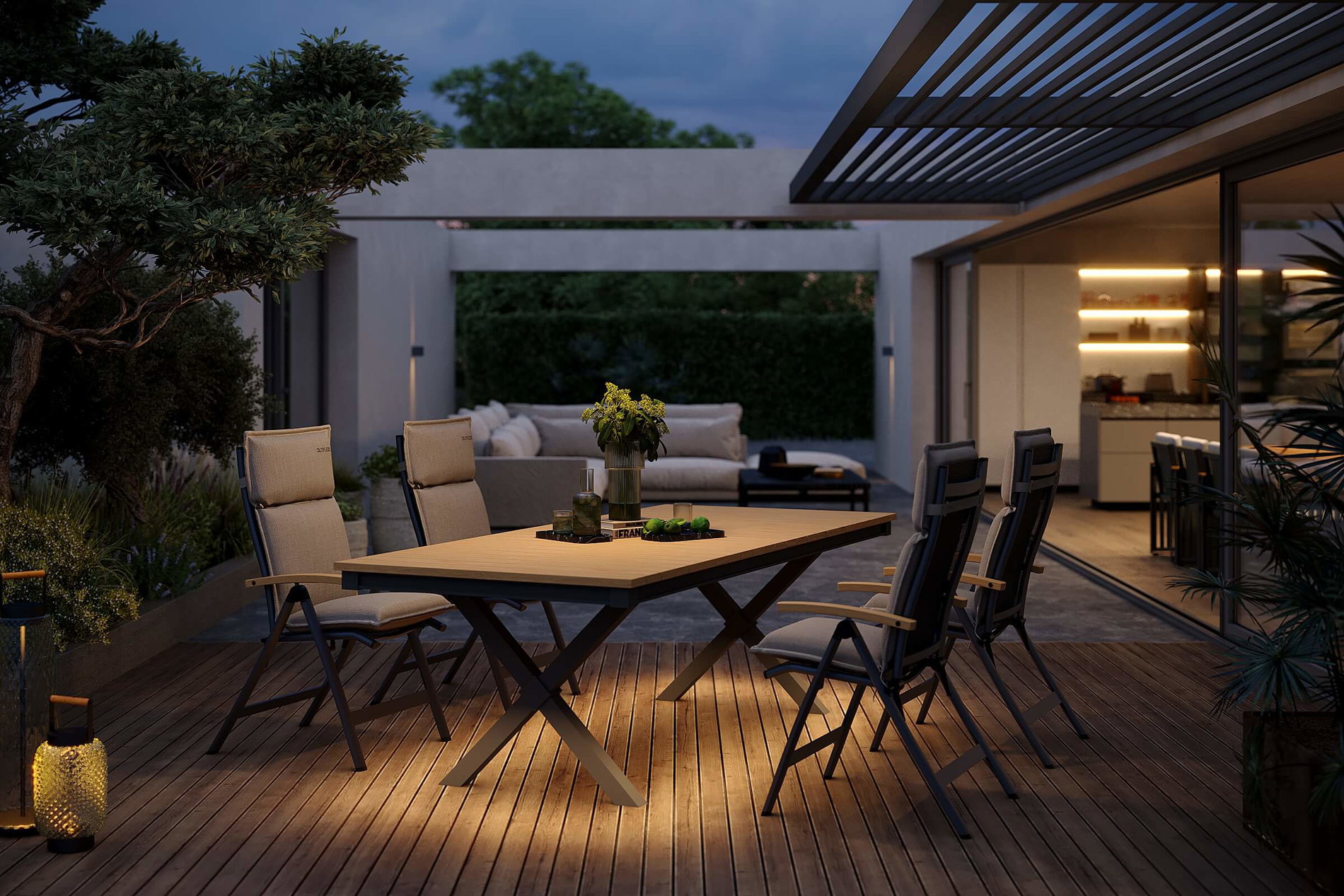 Set da pranzo da giardino OUTFLEXX Luminara, antracite opaco/naturale, Alluminio / Tessili / Imitazione legno, 240 x 100 cm, 4 sedie pieghevoli, illuminazione LED, cuscini inclusi