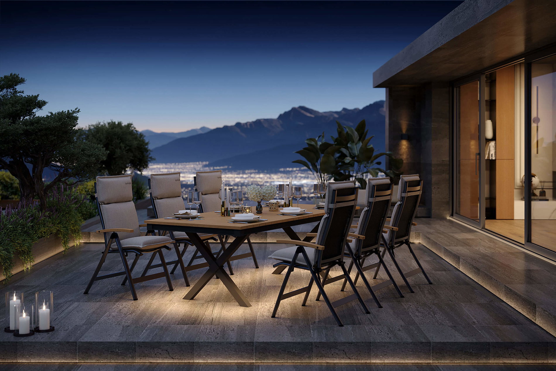 OUTFLEXX Luminara Garten-Essgruppe mit LED-Beleuchtung, anthrazit matt/natur, Alu / Textilen / Holzimitat, 240 x 100 cm, 6 Klappstühle, inkl. Auflagen