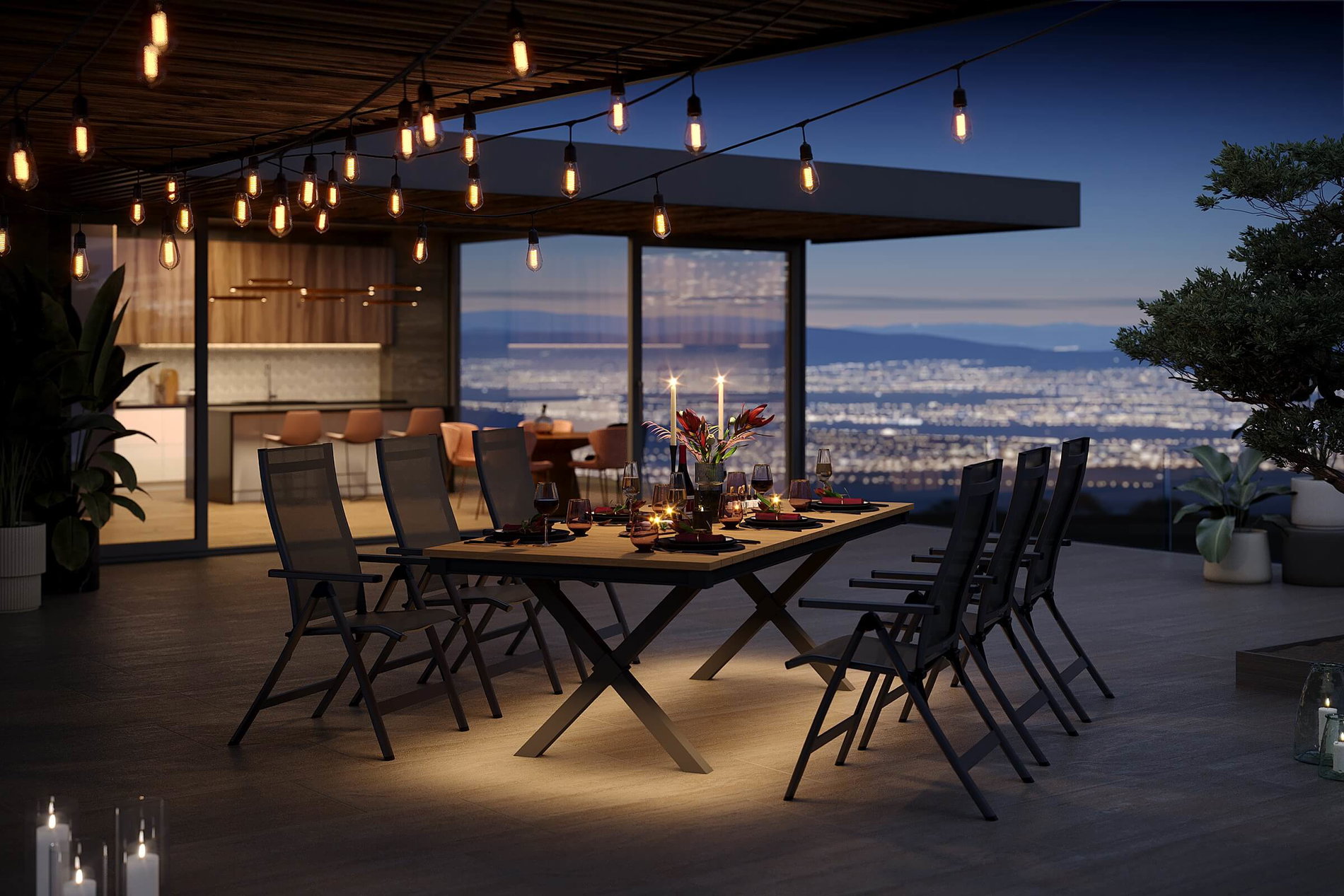 OUTFLEXX Luminara Set da pranzo da giardino, antracite opaco/naturale, Alluminio / Effetto legno / Textilene, 240 x 100 cm, 6 sedie pieghevoli, Tischplatte con illuminazione LED