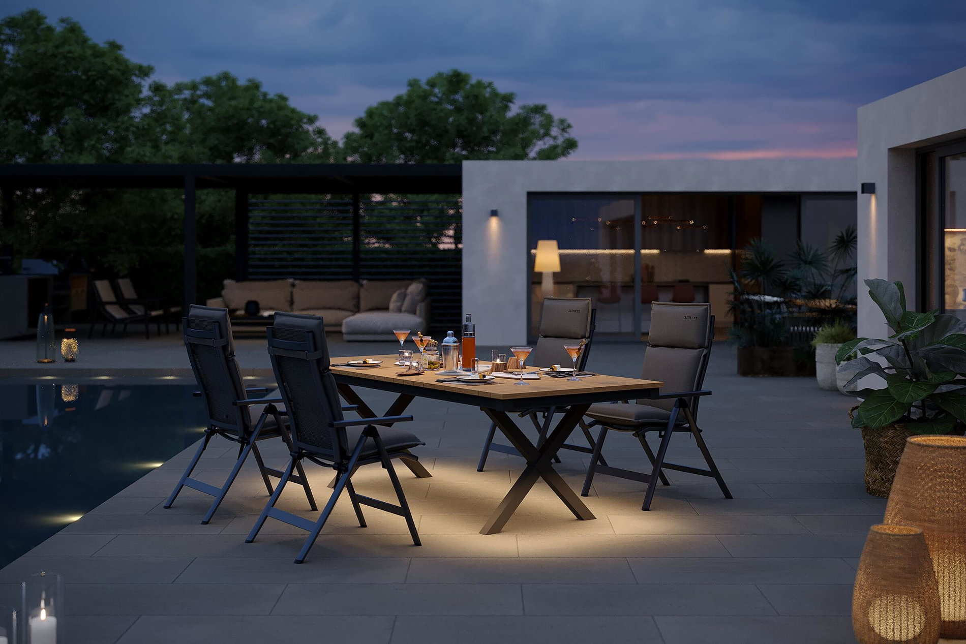 OUTFLEXX Luminara Set da pranzo da giardino, antracite opaco/naturale, Alluminio / Imitazione legno / Textilene, 240 x 100 cm, 4 sedie pieghevoli, 4 cuscini, con illuminazione LED