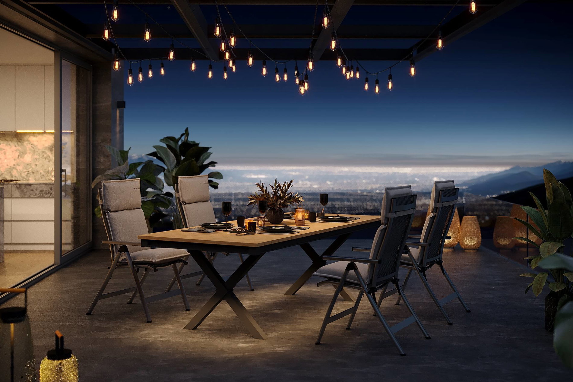 OUTFLEXX Luminara Set da pranzo da giardino, antracite opaco/naturale, Alu / Imitazione legno / Textilene, 240 x 100 cm, 4 sedie pieghevoli, cuscini in Nature, illuminazione LED