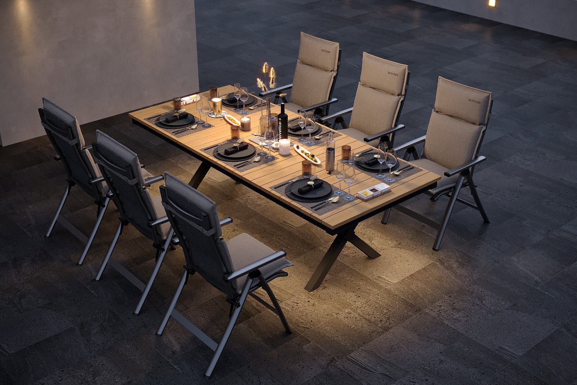 OUTFLEXX Luminara set da pranzo da giardino, antracite opaco/naturale, alluminio / textilene / imitazione legno, 240 x 100 cm, 6 sedie pieghevoli, cuscini inclusi, illuminazione LED