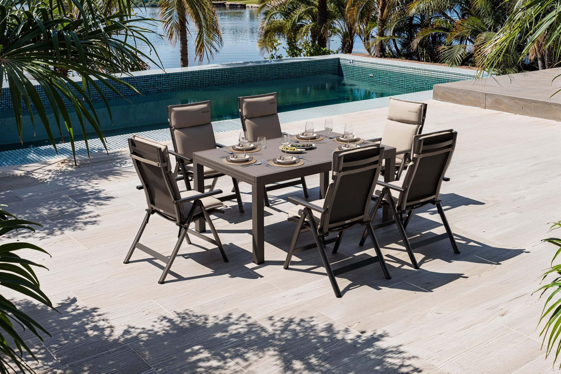 Set da pranzo da giardino OUTFLEXX Premium, antracite opaco/nero/naturale, Alluminio/Spraystone/Textilene, 160/260 x 100 cm, 6 sedie pieghevoli incl. 6 cuscini