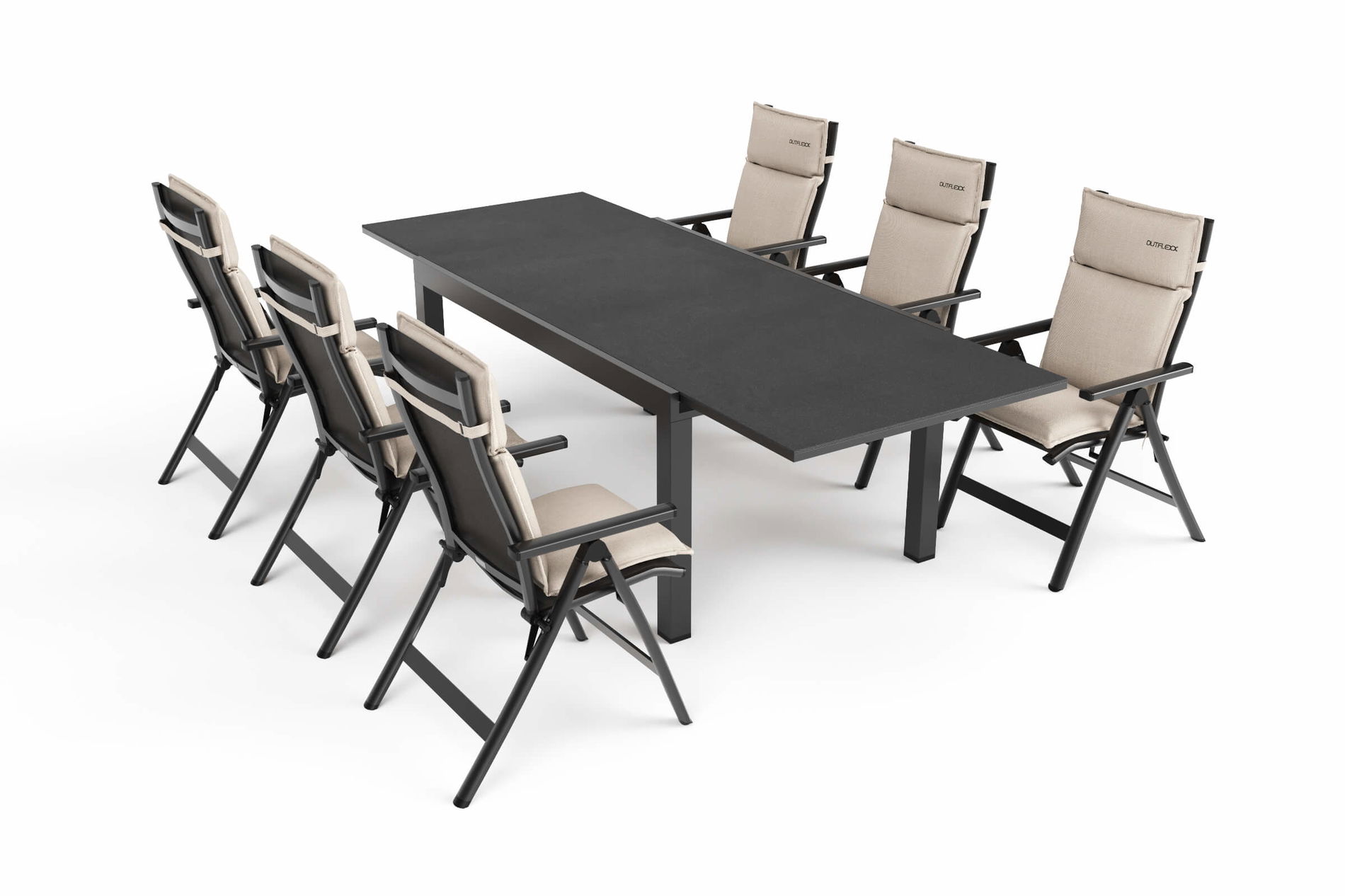 Set da pranzo da giardino OUTFLEXX Premium, antracite opaco/nero/naturale, Alluminio/Spraystone/Textilene, 160/260 x 100 cm, 6 sedie pieghevoli incl. 6 cuscini