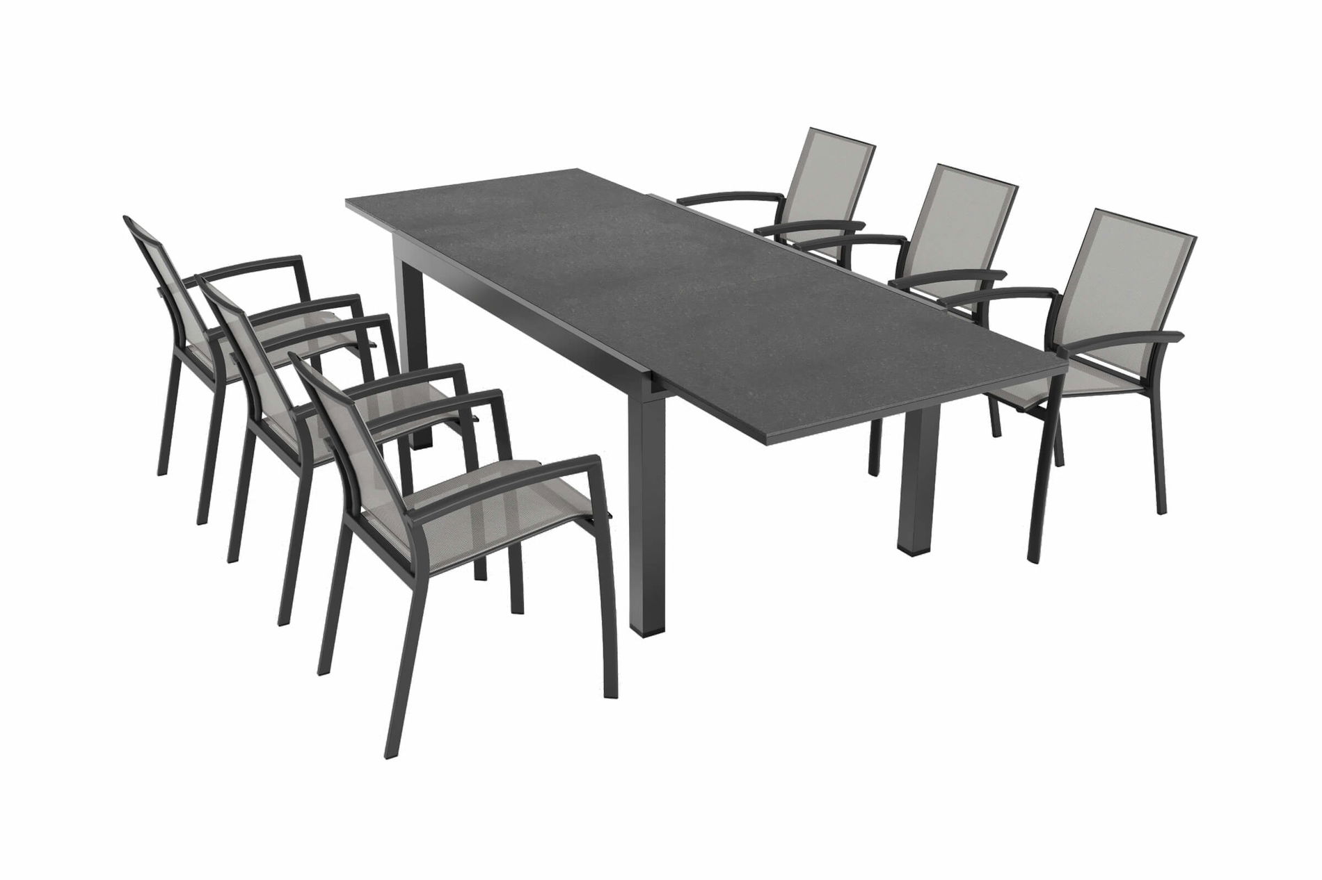 Set da pranzo da giardino OUTFLEXX Premium, antracite opaco/antracite, alluminio/Spraystone/Ranotex, tavolo 160/260 x 100 cm, 6 sedie impilabili