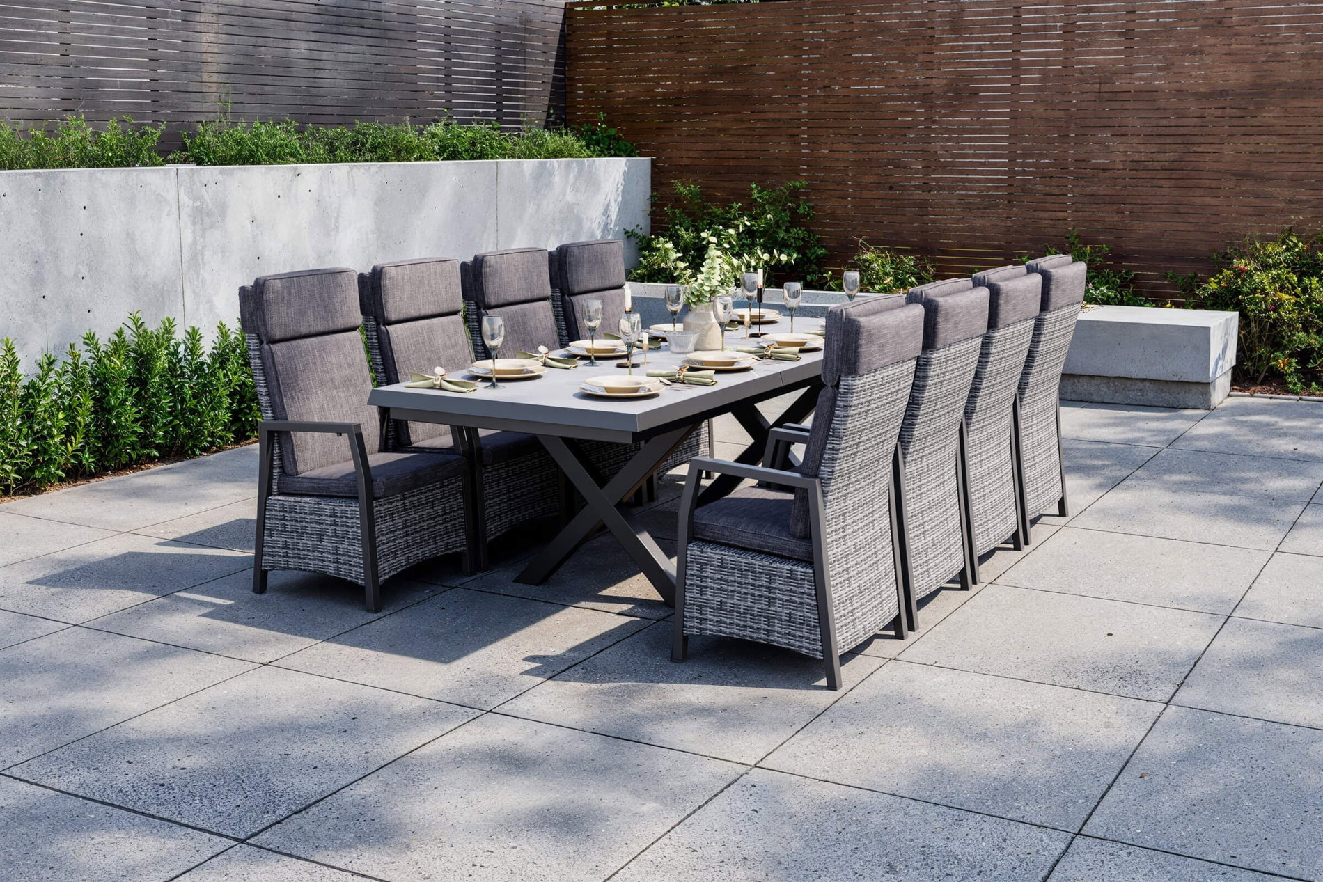 OUTFLEXX Nova Garten-Essgruppe, schwarz/anthrazit/grau, Aluminium/Polyrattan/Steinimitat, Tisch 200/260 x 100 cm, 8 Diningsessel