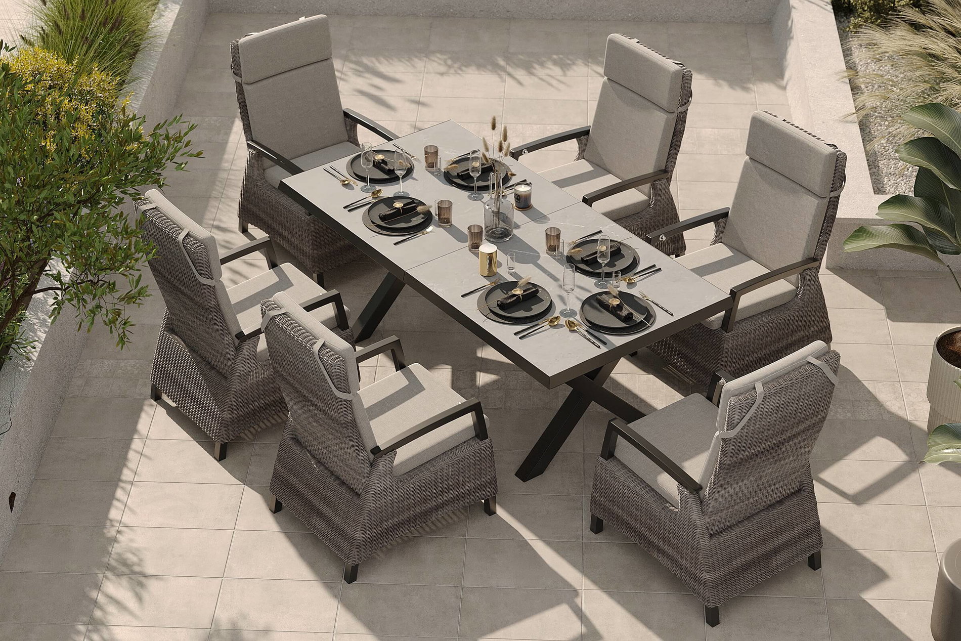 Gruppo da pranzo da giardino SIENA GARDEN, nero/grigio, alluminio/polyrattan, piano del tavolo allungabile 200/260 x 100 cm, incl. 6 poltrone dining Gruppo da pranzo da giardino SIENA GARDEN, nero/grigio, alluminio/polyrattan, piano del tavolo allungabile 200/260 x 100 cm, incl. 6 poltrone dining