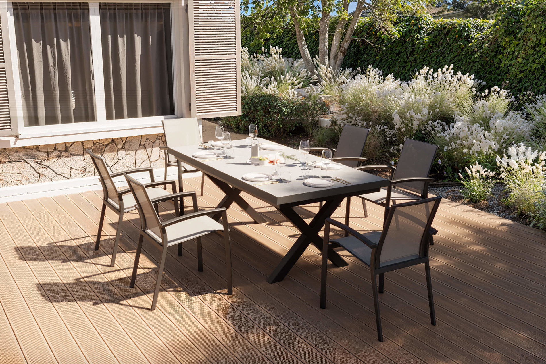 SIENA GARDEN Set da pranzo da giardino, nero/antracite, Alluminio/Polyrattan/Effetto pietra, 200/260 x 100 cm, allungabile, 6 sedie dining SIENA GARDEN Set da pranzo da giardino, nero/antracite, Alluminio/Polyrattan/Effetto pietra, 200/260 x 100 cm, allungabile, 6 sedie dining
