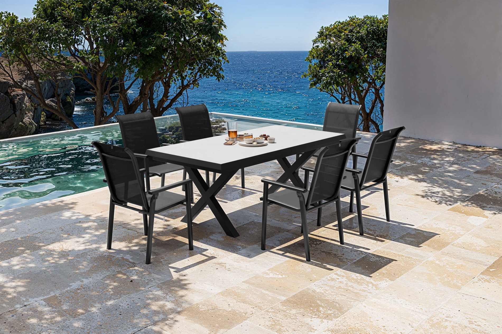 KETTLER BasicPlus Pro Garten-Essgruppe, anthrazit/schwarz, Alu/Textilene/Steinimitat, 200/260 x 100 cm, 6 Stapelstühle KETTLER BasicPlus Pro Garten-Essgruppe, anthrazit/schwarz, Alu/Textilene/Steinimitat, 200/260 x 100 cm, 6 Stapelstühle