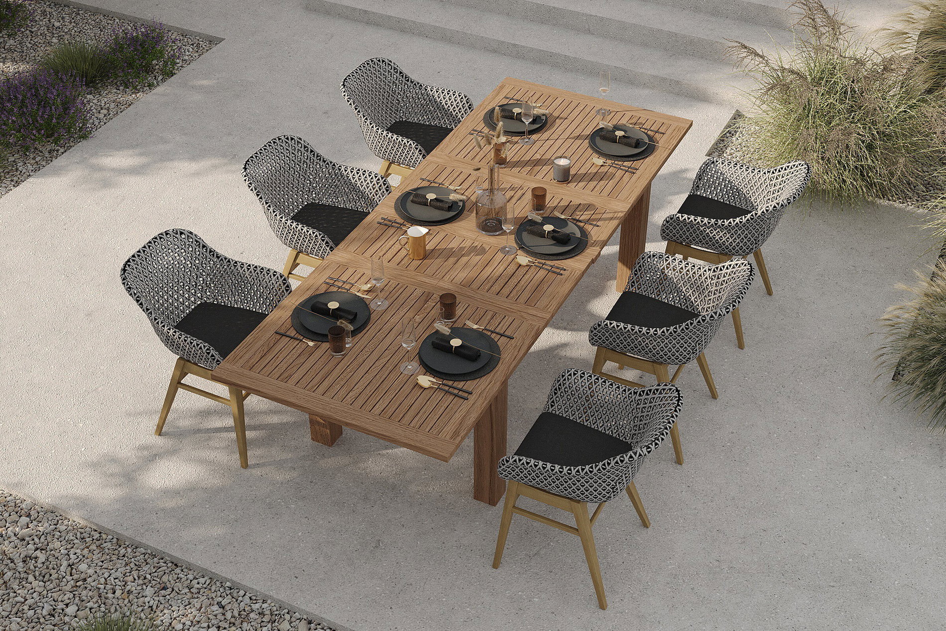 OUTFLEXX Bali Garten-Essgruppe mit 6 Dining Sesseln, schwarz/weiß/natur, Akazie/Polyrattan, 180/220/260 x 100 cm, FSC®-zertifiziertes Produkt