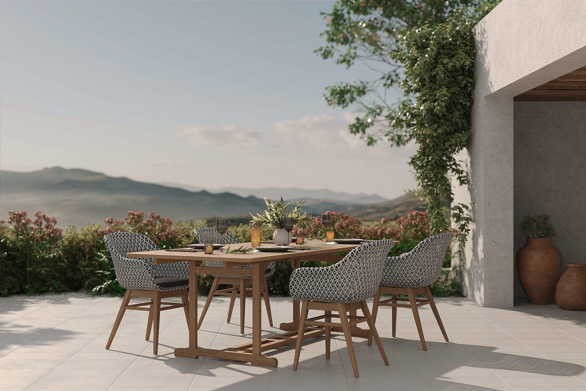 OUTFLEXX Bali Garten-Essgruppe mit 4 Dining Sesseln, schwarz/weiß/natur, Akazie/Polyrattan, 150/200 x 90 cm, FSC®-zertifiziertes Produkt