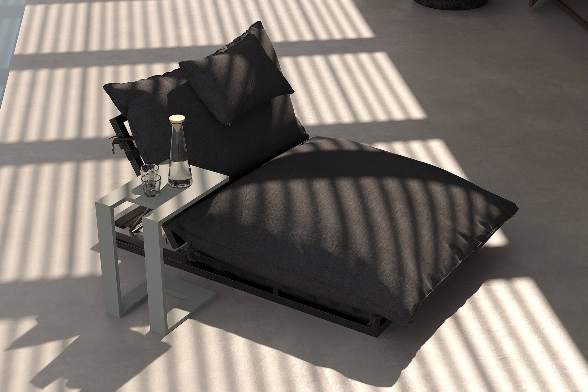 Set Lettini da Giardino OUTFLEXX Taro, grigio scuro/nero, alluminio/poliestere, 190 x 120 cm, regolabile, incl. cuscino e tavolino laterale a U
