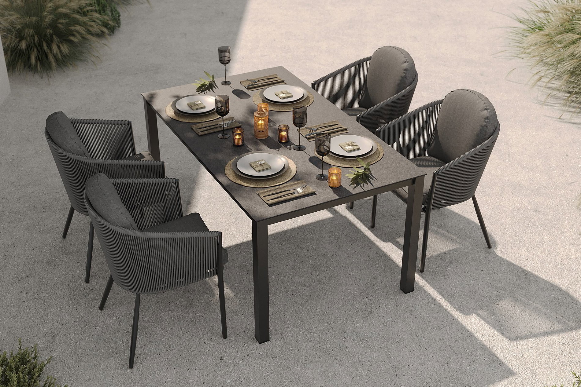 Set da pranzo da giardino OUTFLEXX Tavio, antracite opaco/grigio scuro, alluminio/intreccio rope/Spraystone, 160 x 95 cm, 4 sedie dining