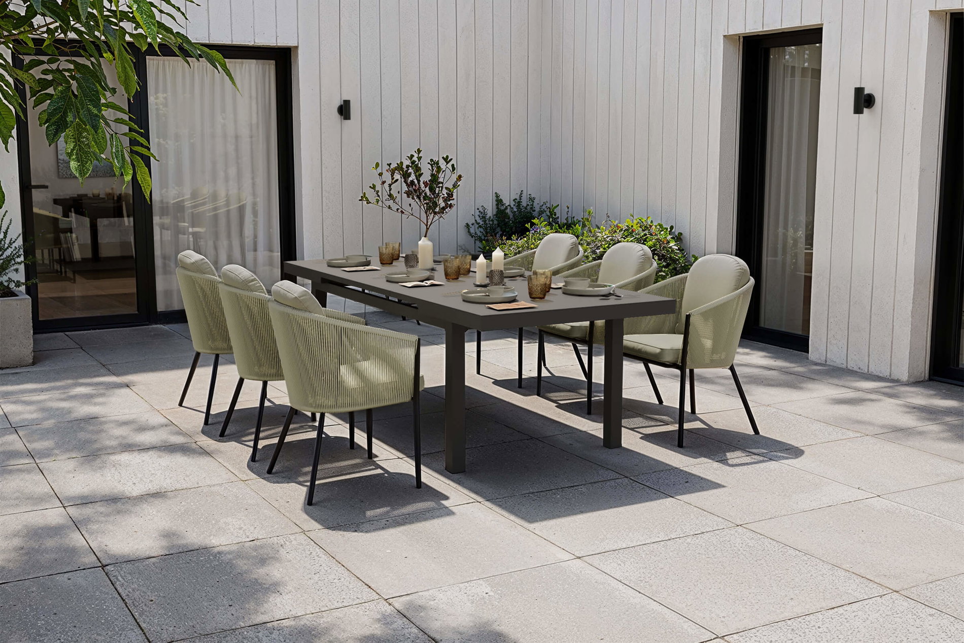 OUTFLEXX Tavio Garten-Essgruppe, anthrazit matt/grün, Alu/Rope-Geflecht, ausziehbare Tischplatte 180/240 x 100 cm, 6 Diningsessel